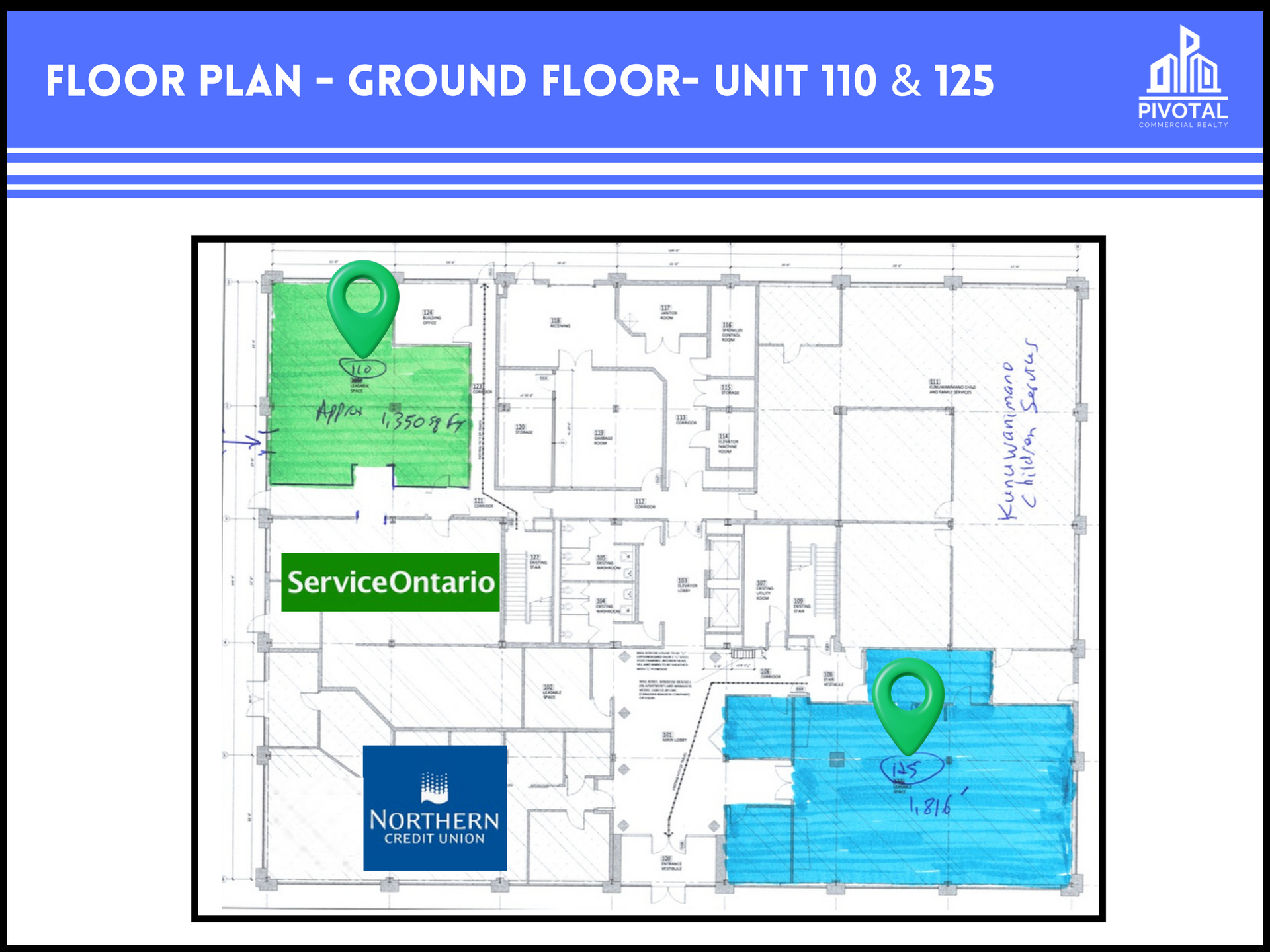 Floor plan for ground floor units 110 & 125, highlighting two specific spaces in green and blue with location markers.