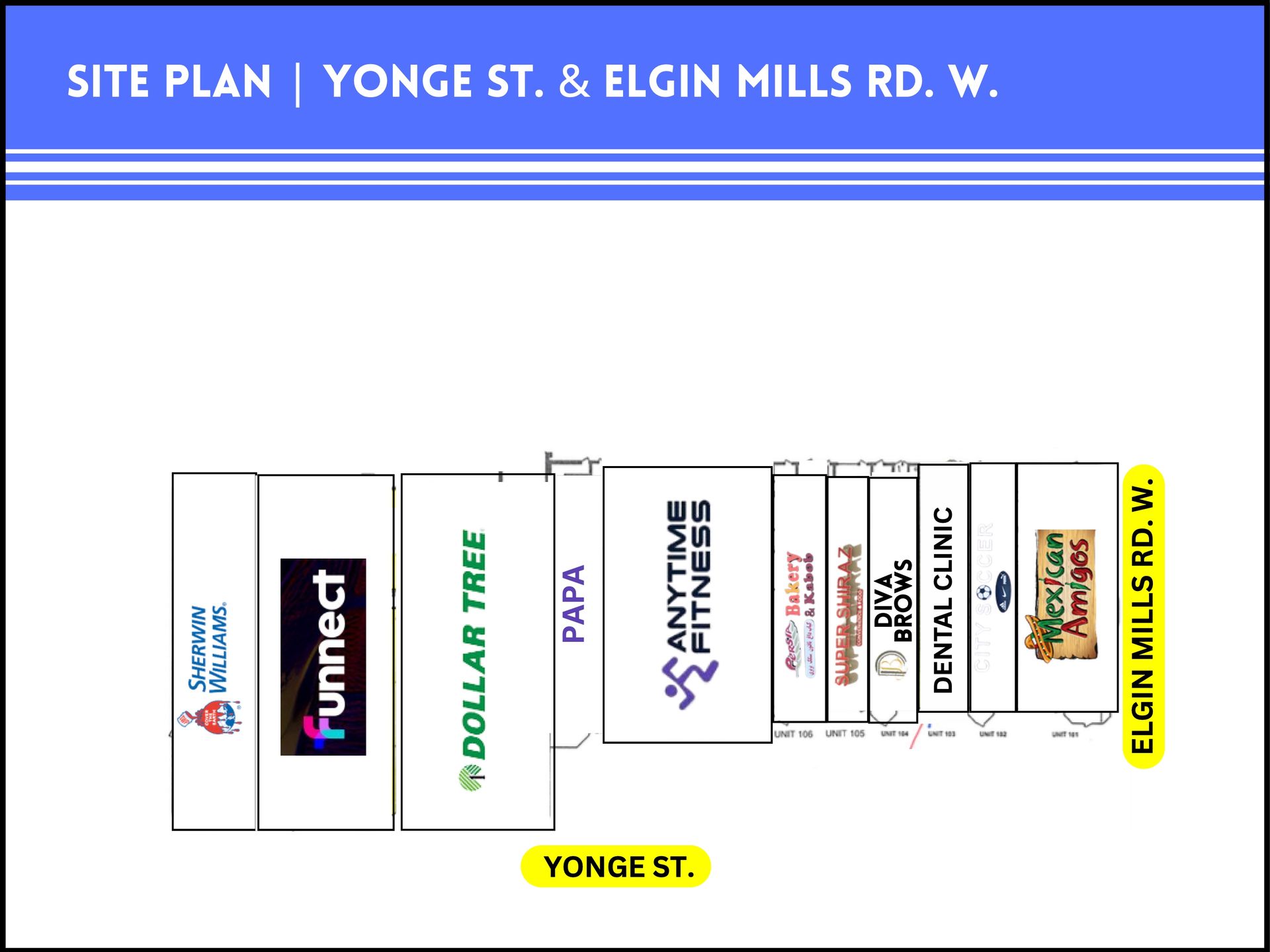Site plan for Yonge St. and Elgin Mills Rd. W. showing store locations including Dollar Tree, Anytime Fitness, and others.