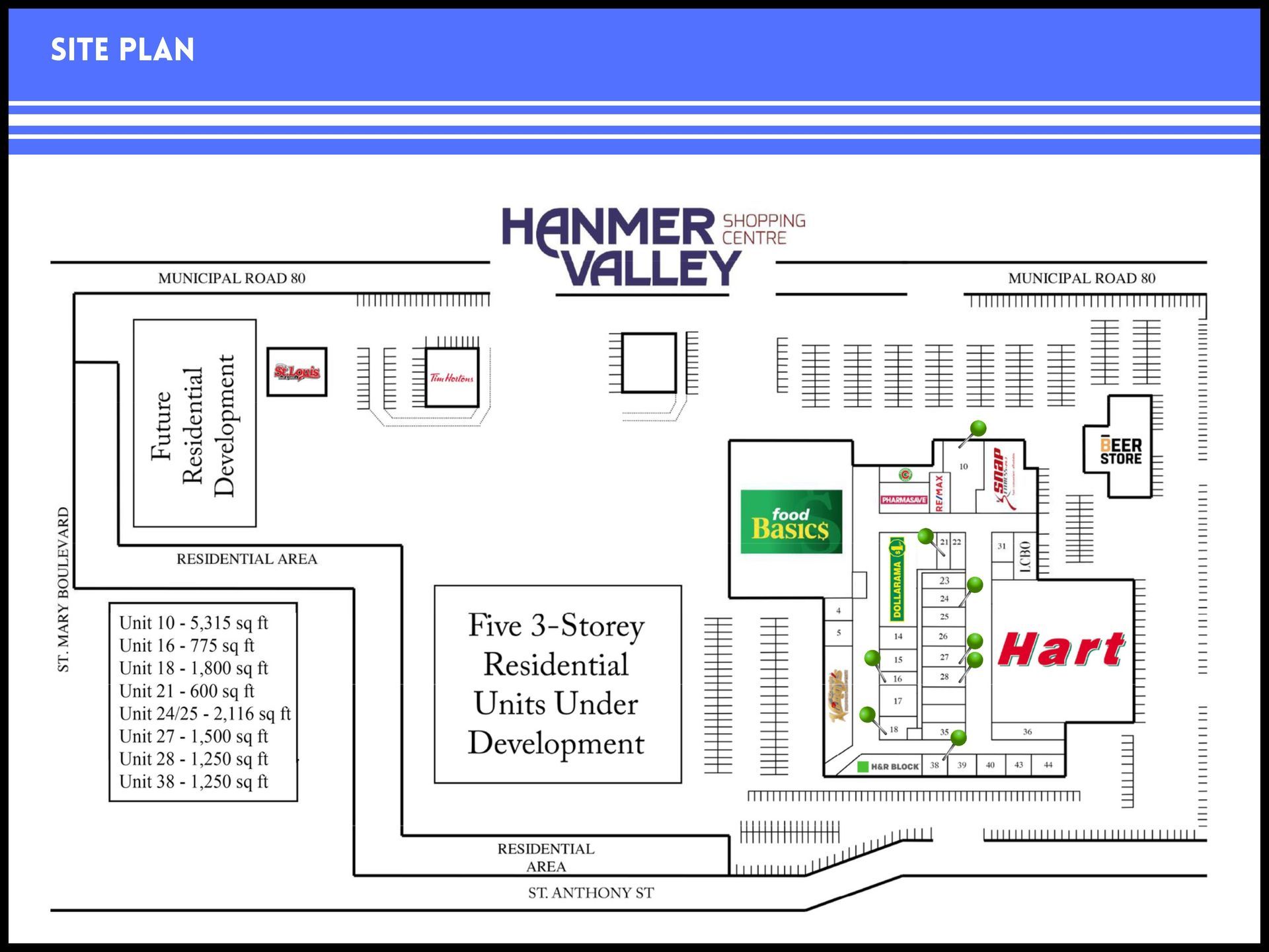 Site plan for Hanmer Valley Shopping Centre showing building layouts, retail units, parking, and residential areas.