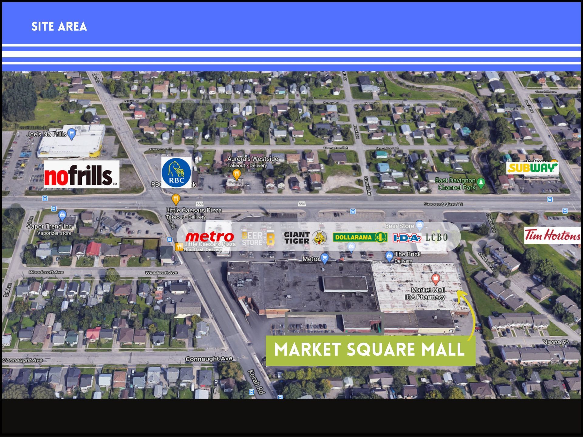 Aerial view of Market Square Mall and surrounding businesses in a suburban area, marked with various company logos.