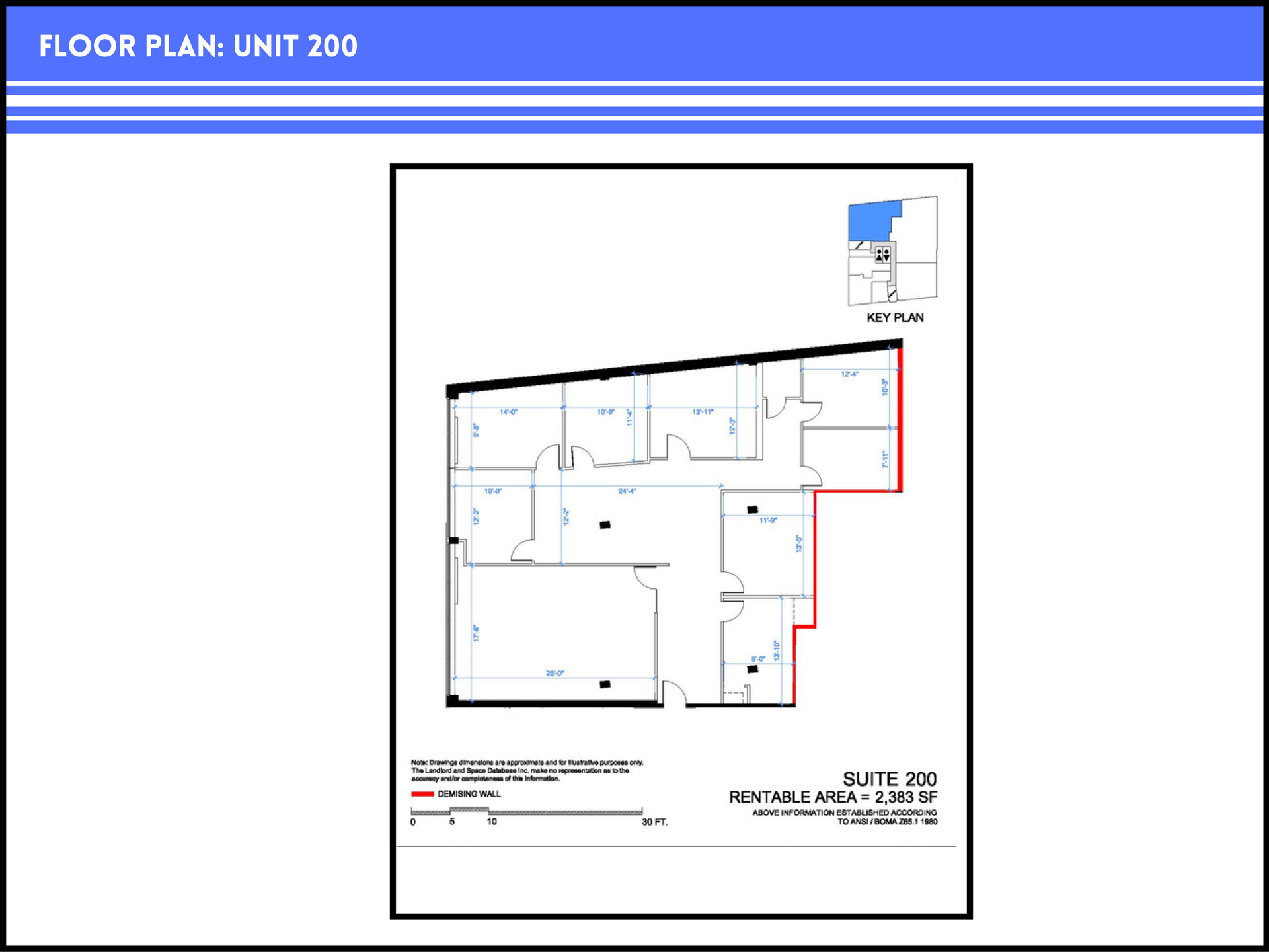 Floor plan for Unit 200, showing office layout with multiple rooms, labeled dimensions, and a total area of 2,263 SF.