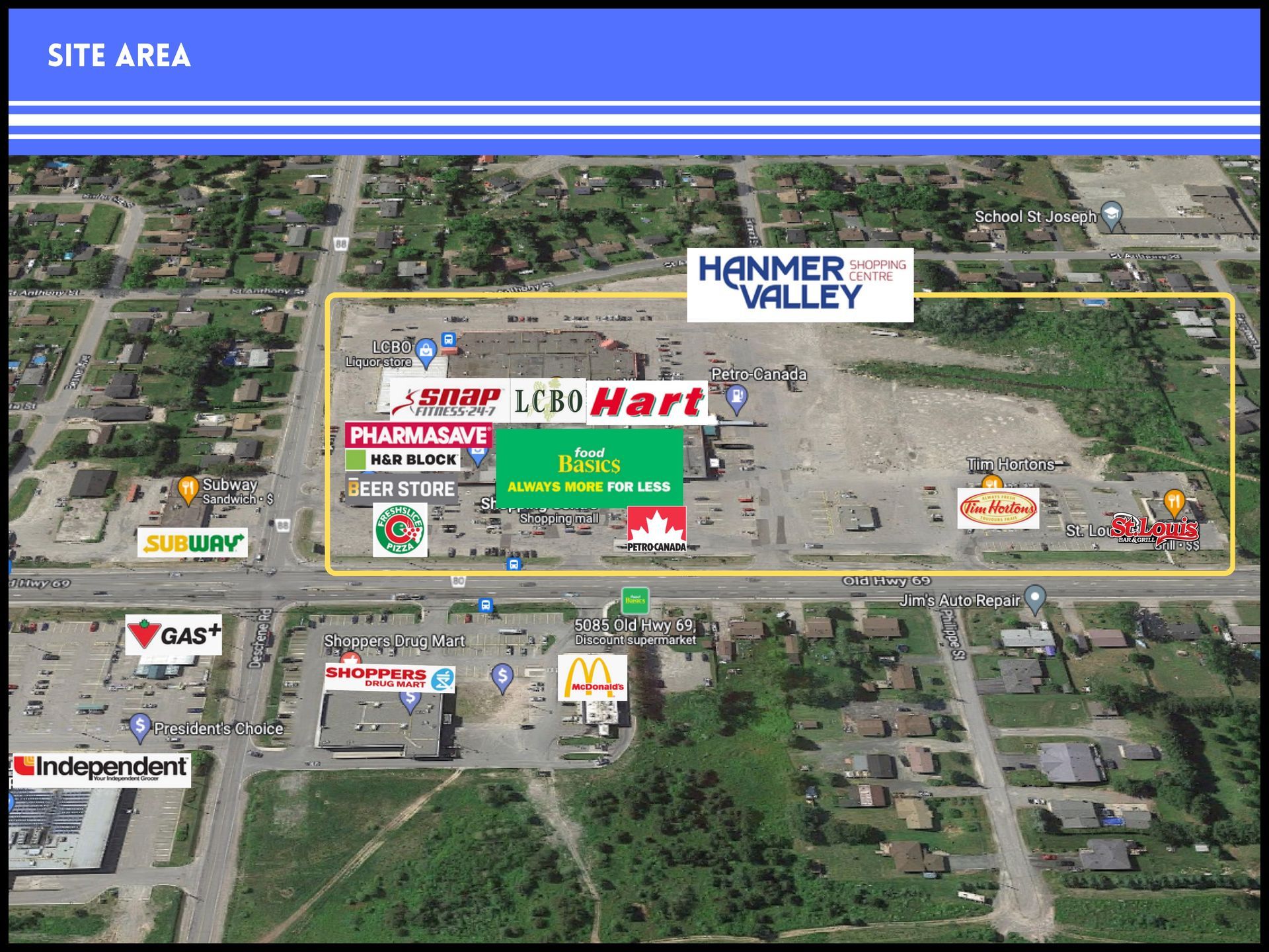 Aerial view of Hanmer Valley Shopping Centre with storefront logos overlaid on a map of the retail site and surroundings.
