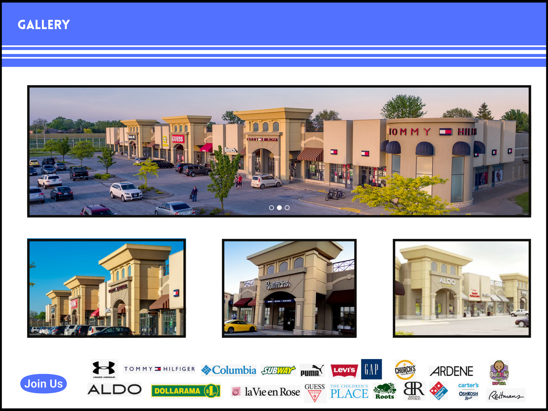 A photo gallery of a shopping plaza with various brand logos shown at the bottom of the page.