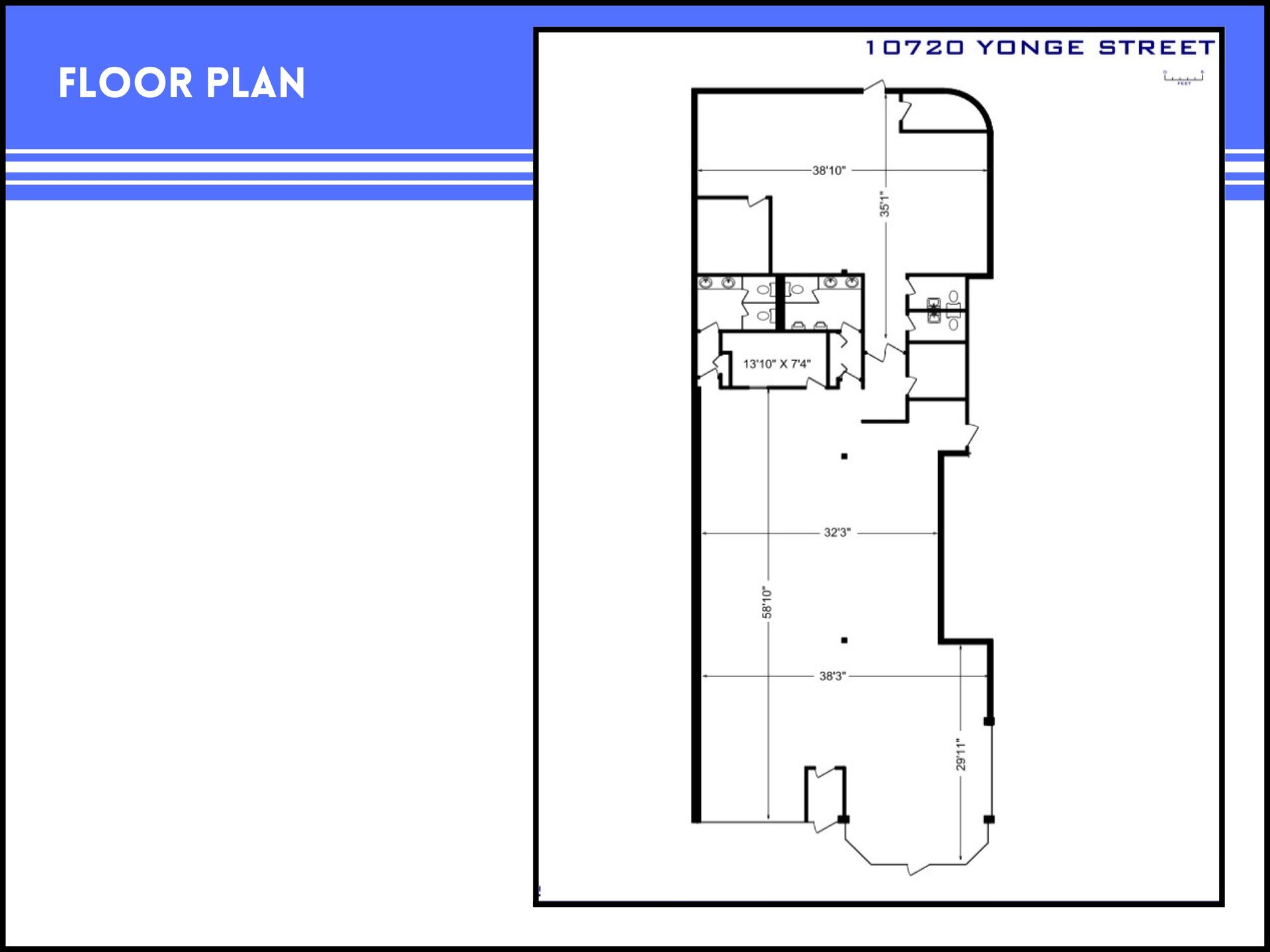 Floor plan for 10720 Yonge Street, showing a narrow, rectangular layout with partitioned rooms and structural dimensions.