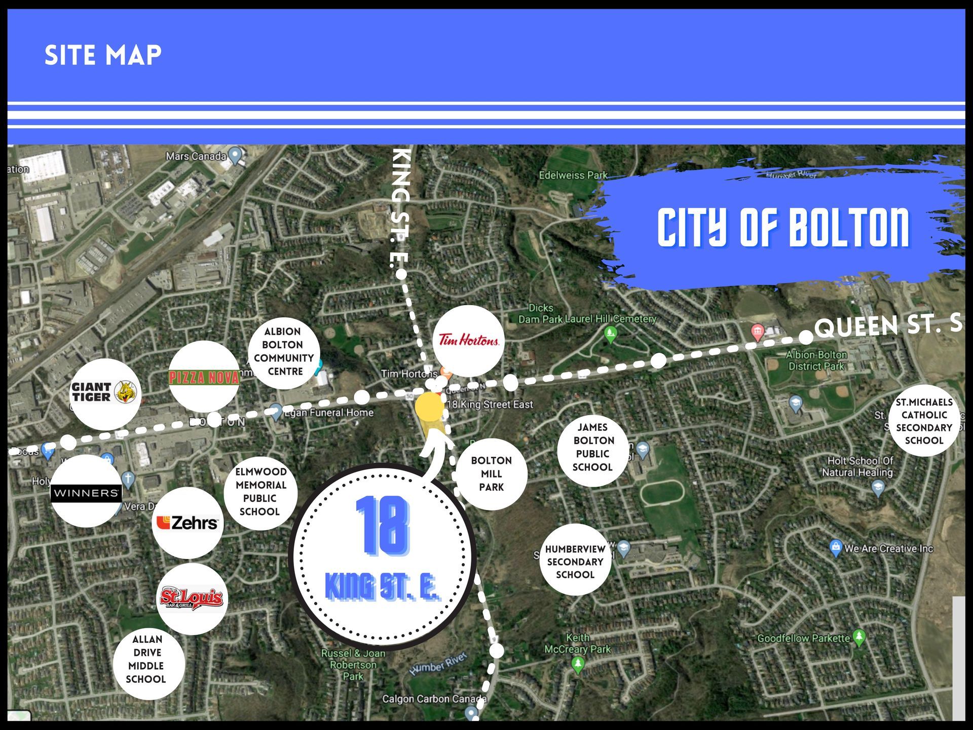 Site map of Bolton, Ontario, showing the location of 18 King St. E. at the intersection of King and Queen Streets.