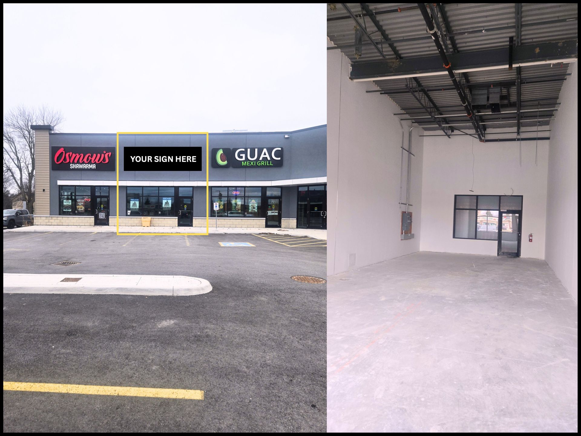 A split view of a commercial storefront exterior and its unfinished, empty interior space.
