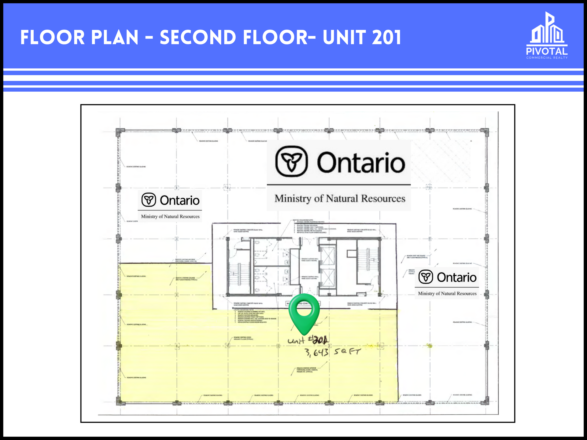 Floor plan for Unit 201, Second Floor, showing the Ministry of Natural Resources office space with a green location marker.