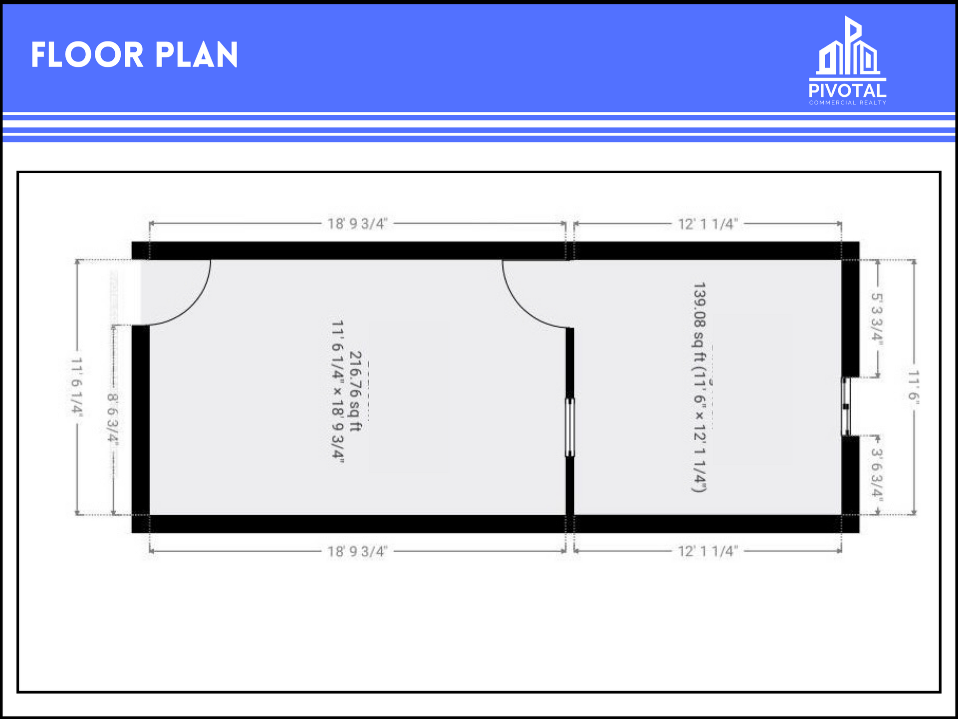 Floor plan of a two-room office space with measurement labels and a Pivotai logo in a blue header.