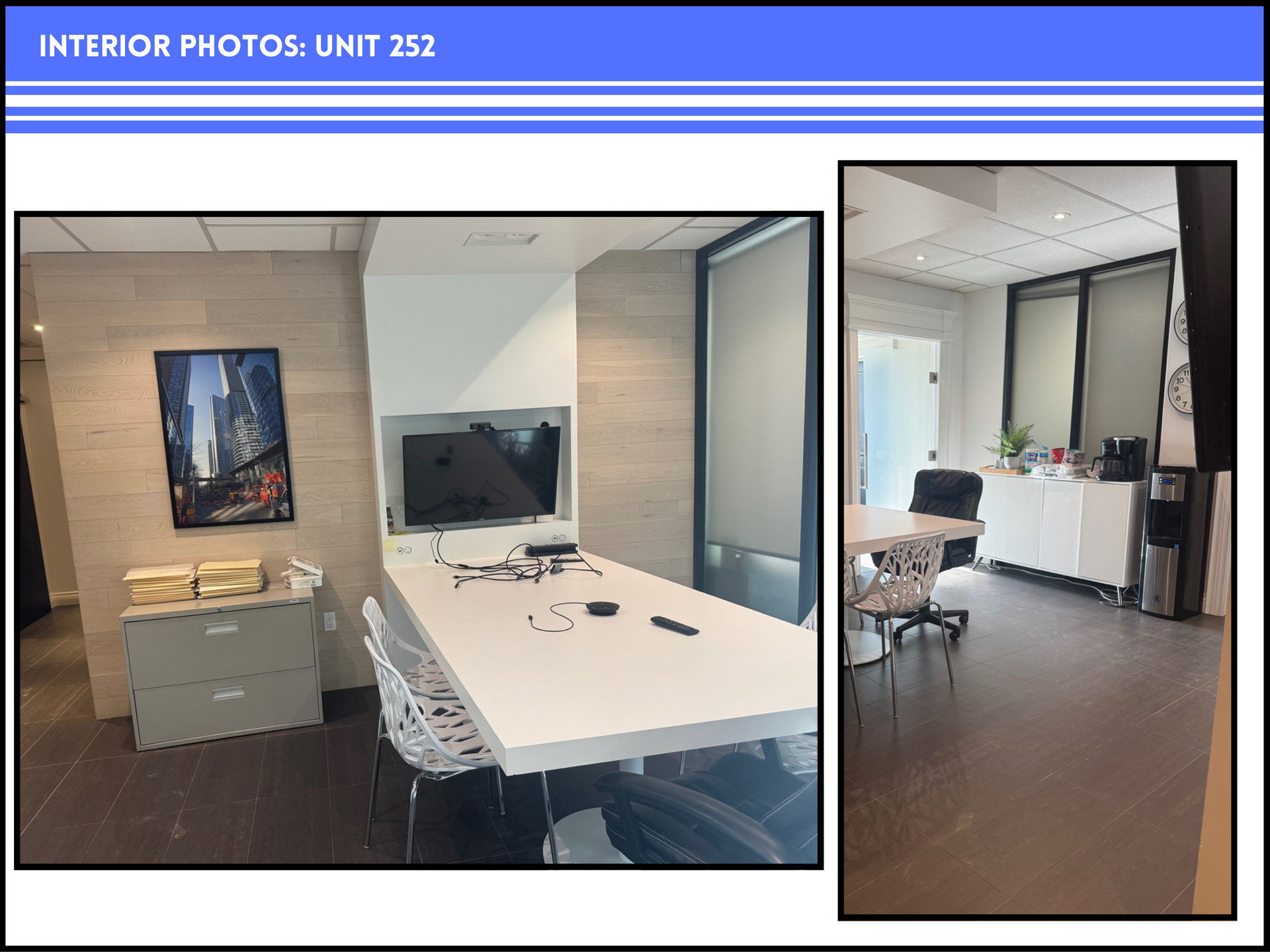 Two interior photos of office unit 252, featuring a white desk, a wall-mounted TV, office chairs, and storage cabinetry.