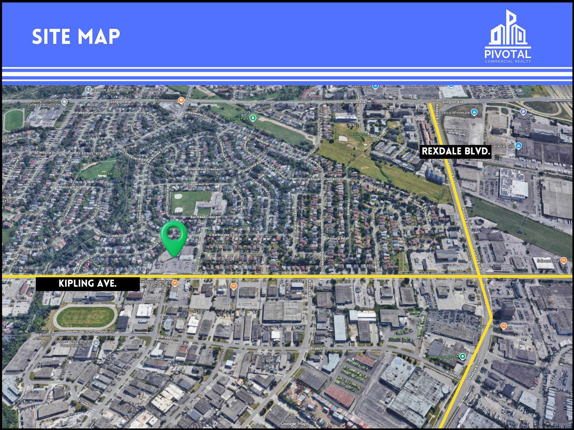 Aerial site map showing a green location pin in a residential area at the intersection of Kipling Ave and Rexdale Blvd.