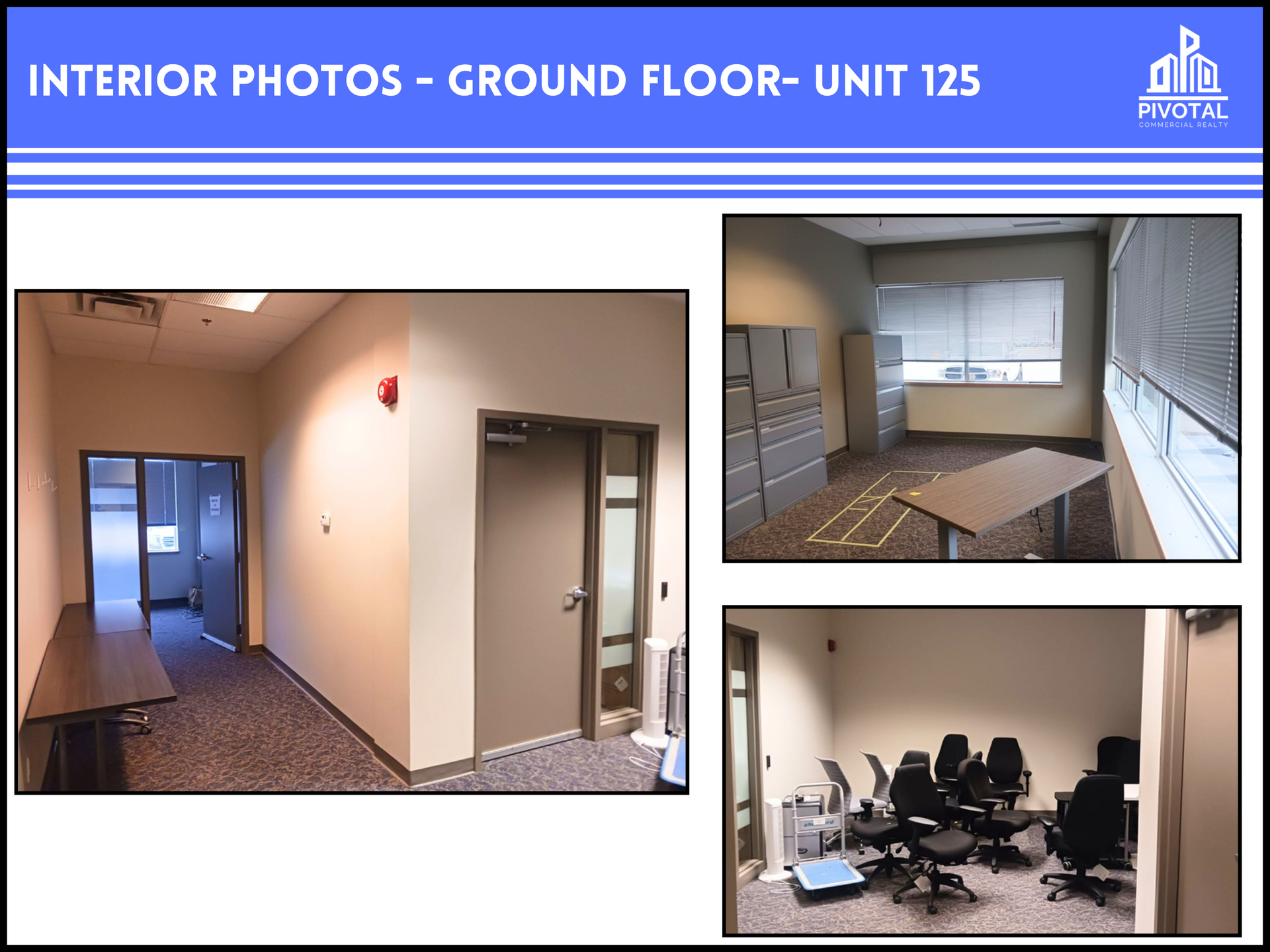 A collage of three photos showcasing the interior office space of ground floor unit 125.