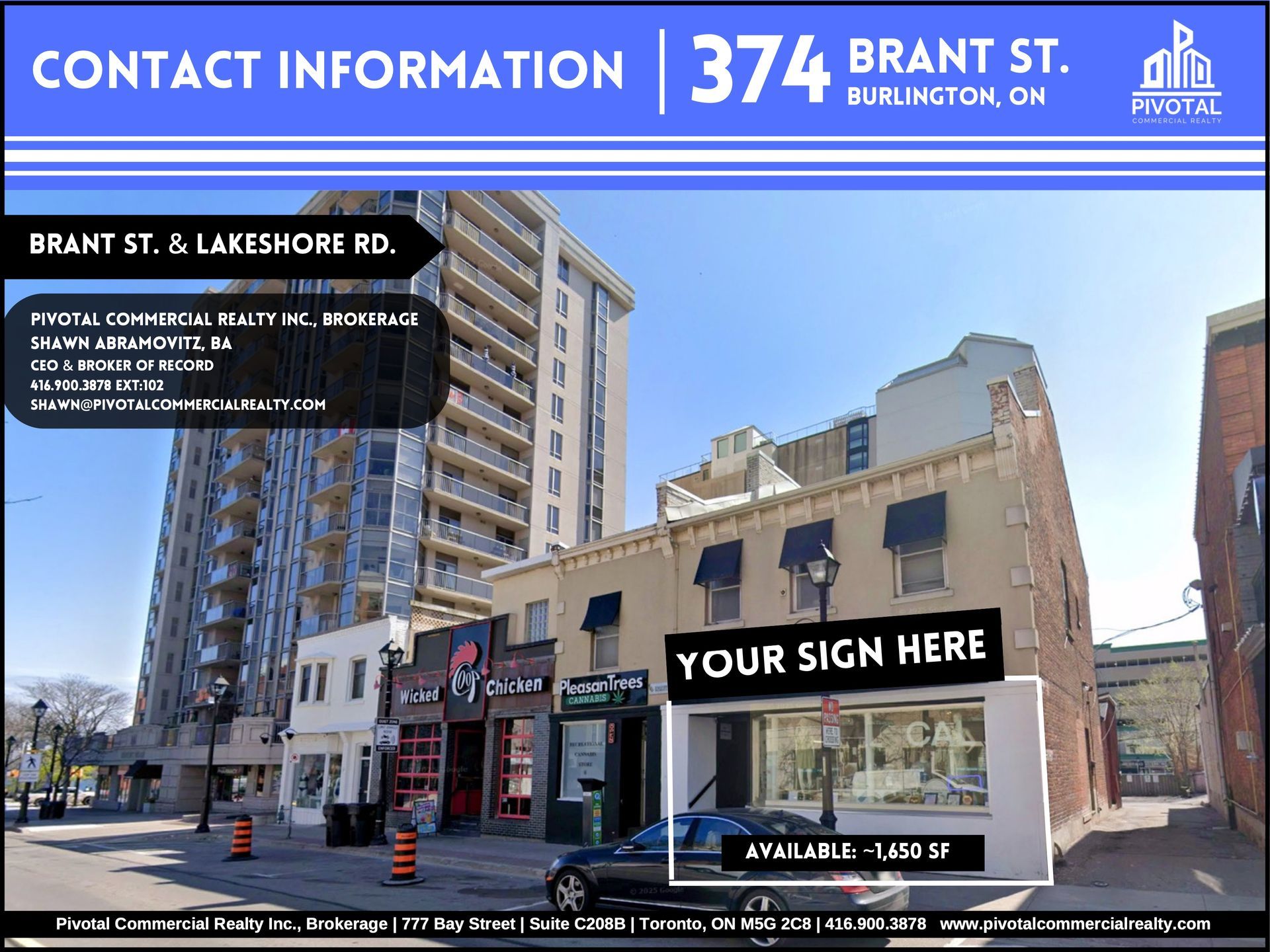 Commercial real estate listing for a 1,600 sq. ft. storefront at 374 Brant St. in Burlington, ON, with contact info.