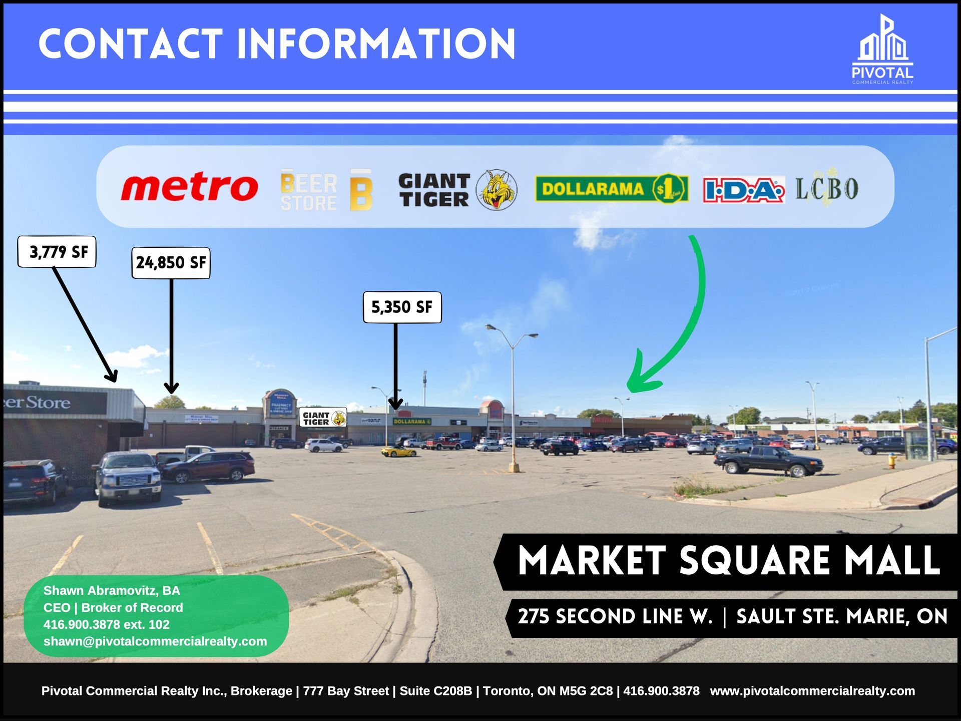 Market Square Mall in Sault Ste. Marie, ON, showing storefronts with square footage labels and a list of tenant logos.