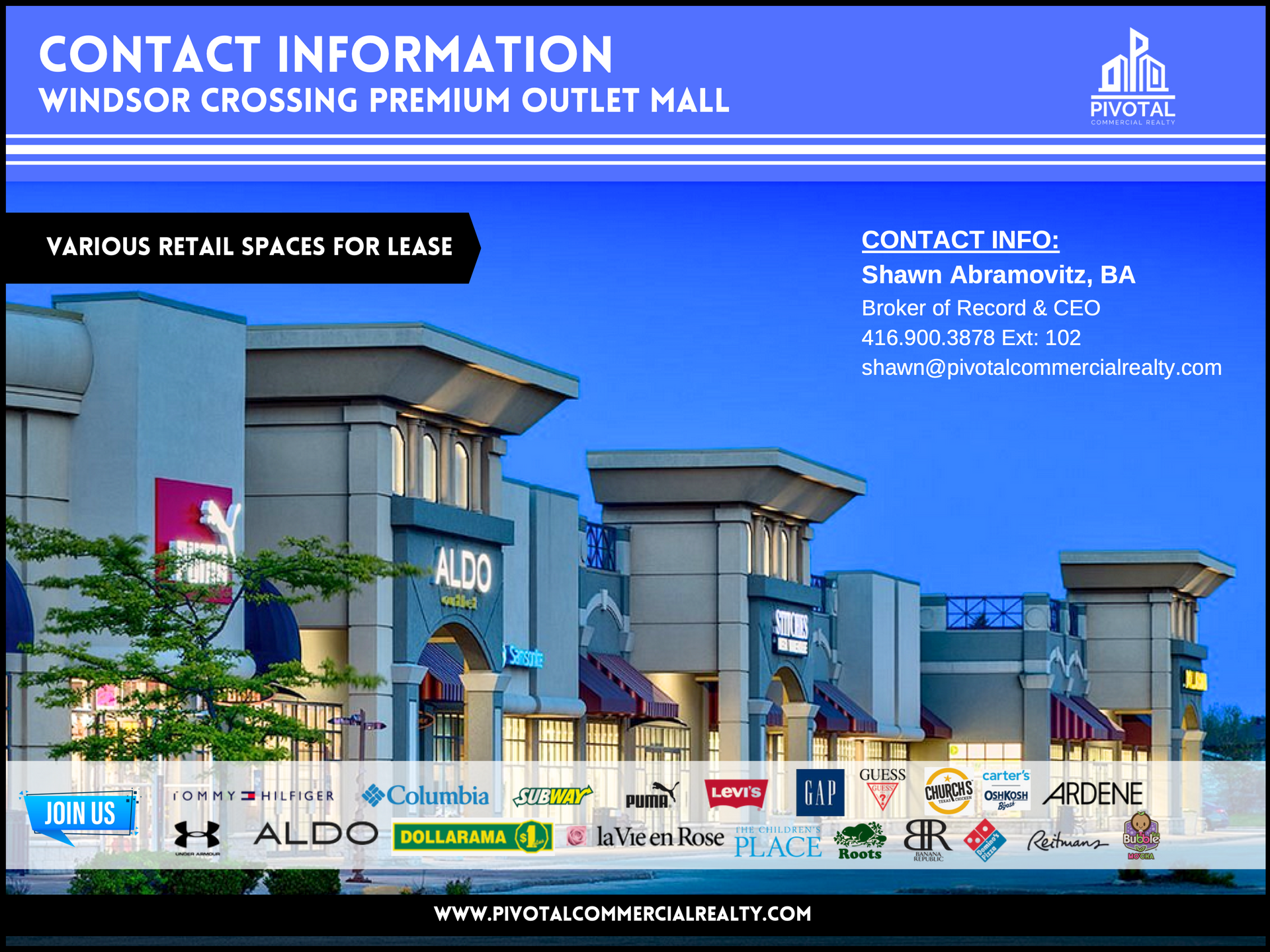 A contact information flyer for Windsor Crossing Premium Outlet Mall featuring a row of store fronts and leasing details.