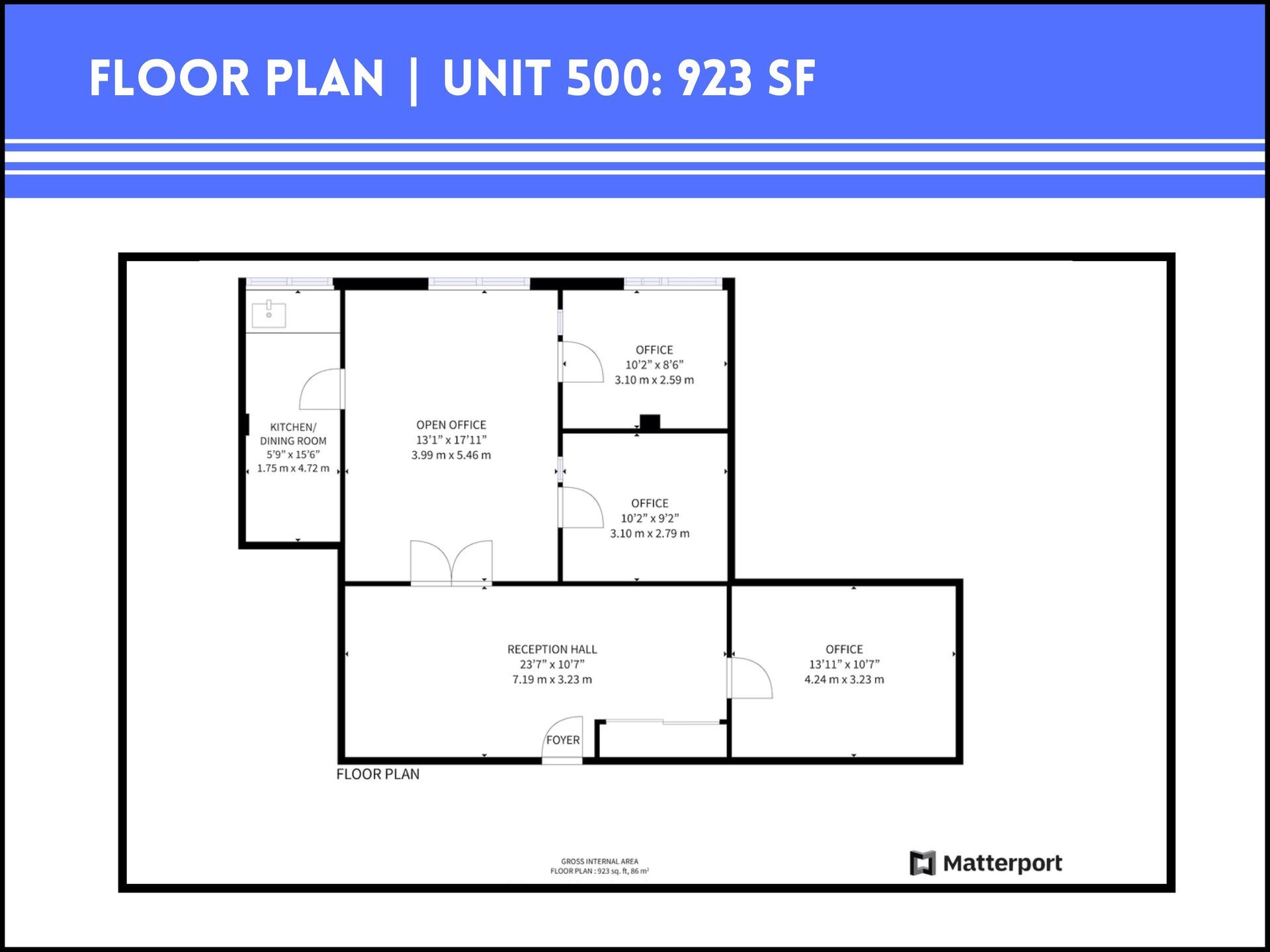Floor plan for Unit 500, showing a 923-square-foot layout with multiple rooms, labeled in black lines on a white background.