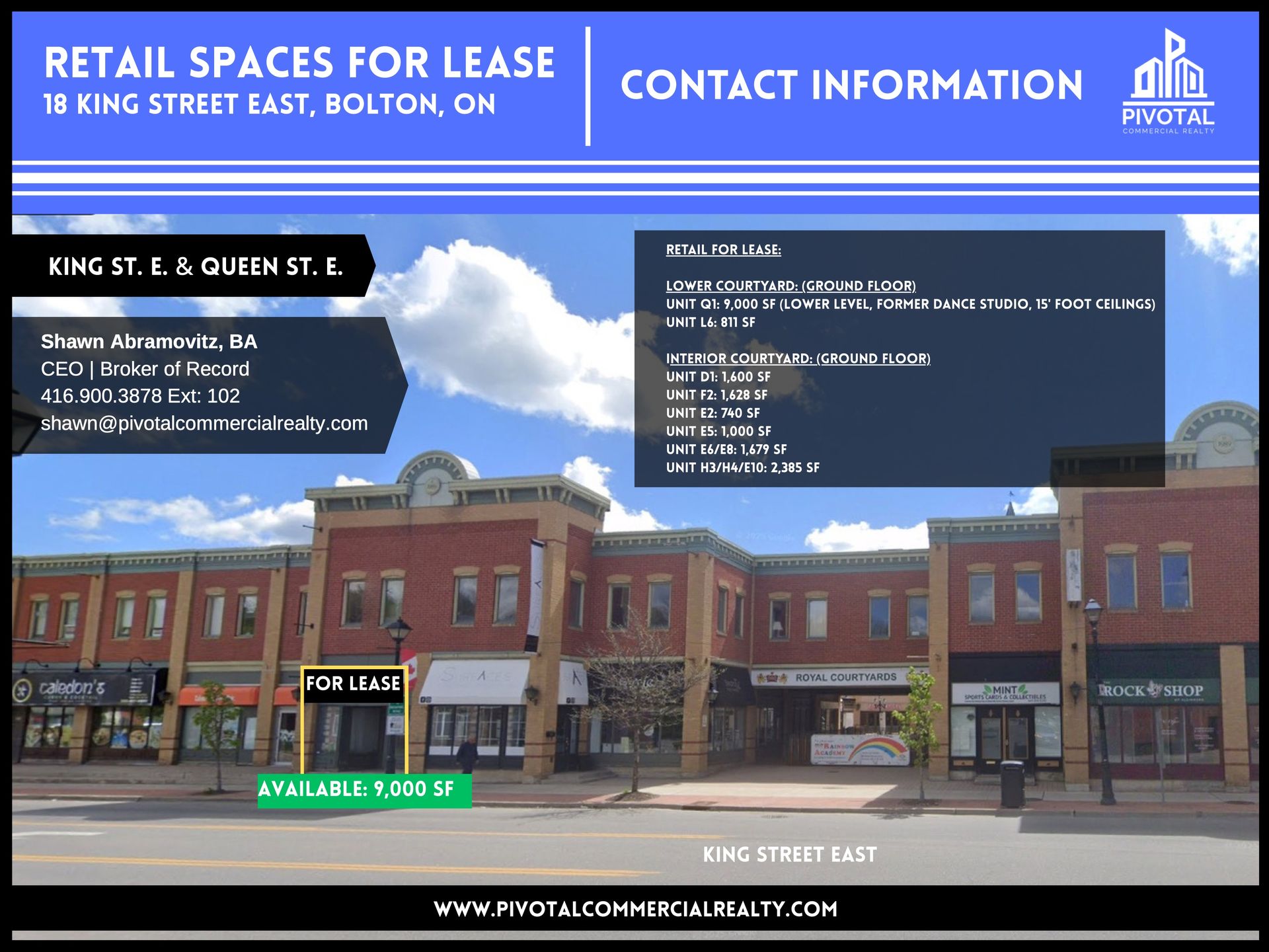 Real estate flyer for retail space for lease at 18 King Street East in Bolton, Ontario, showing the storefront exterior.