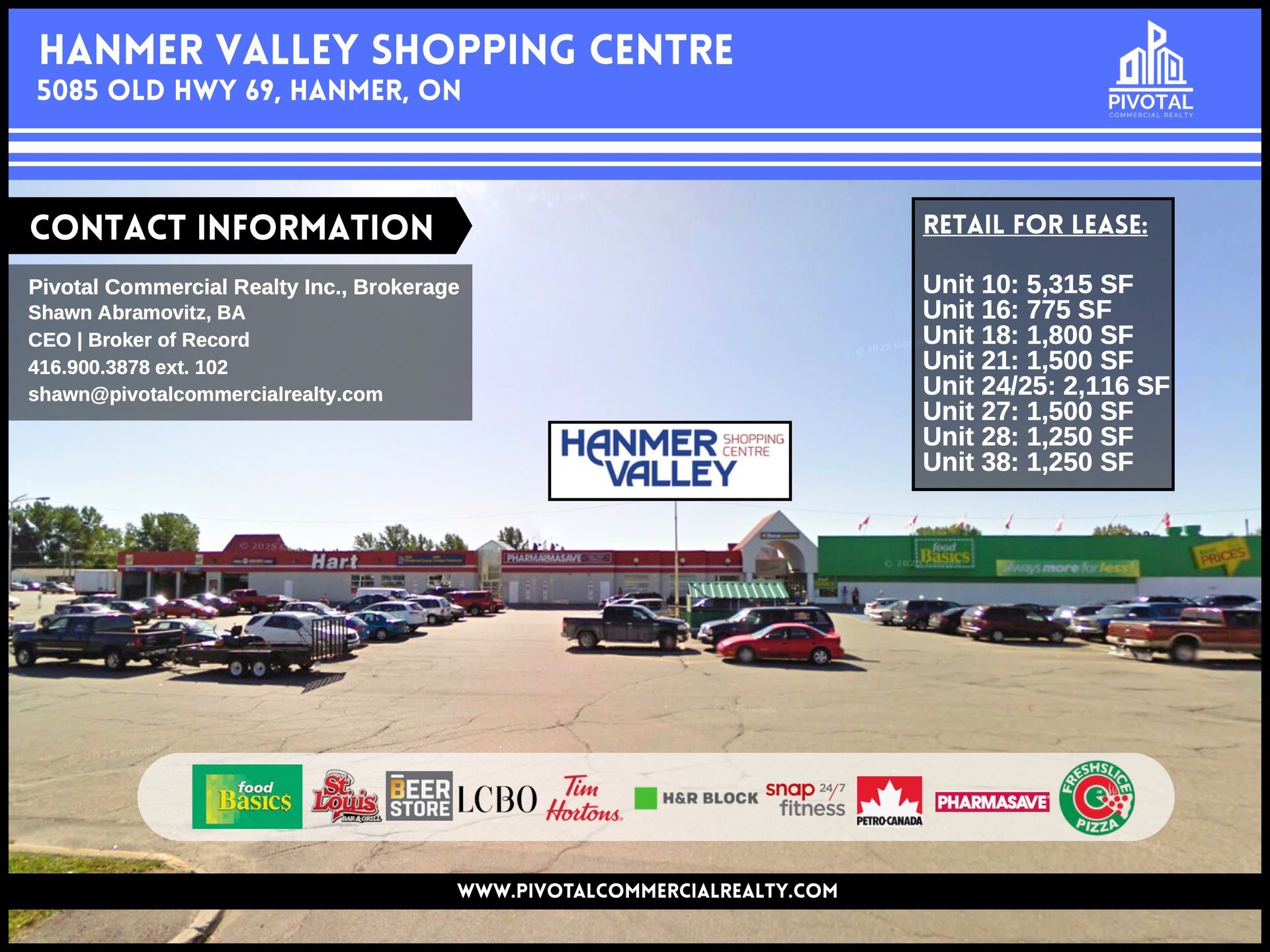 A photo of Hanmer Valley Shopping Centre showing available retail units for lease with contact details provided.