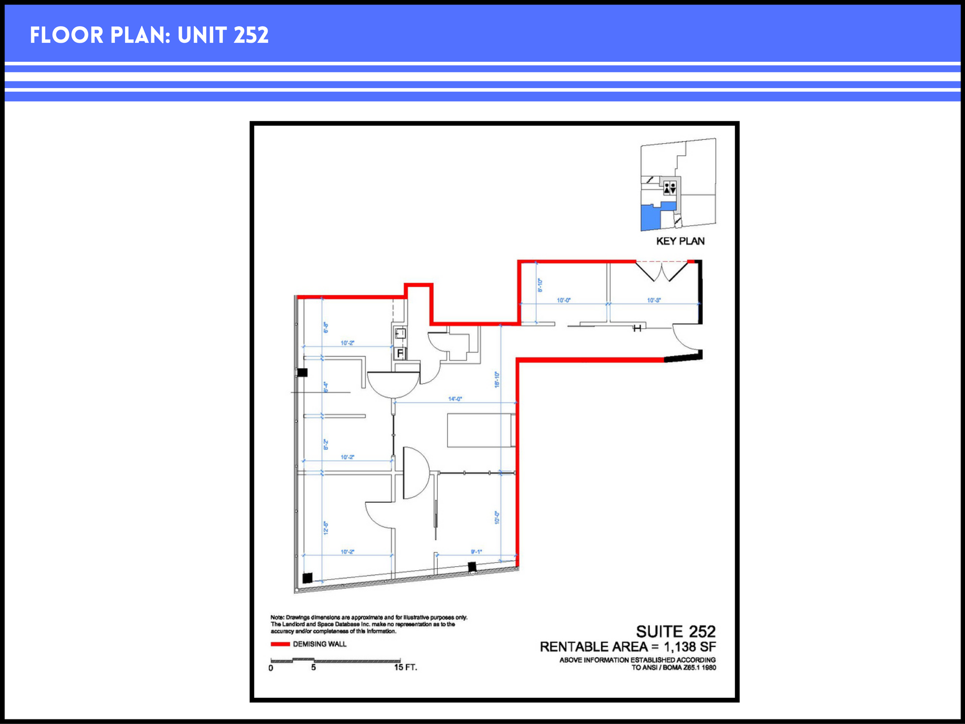 Floor plan for Unit 252, showing room layouts and dimensions, with a key map of the unit's location in the building.