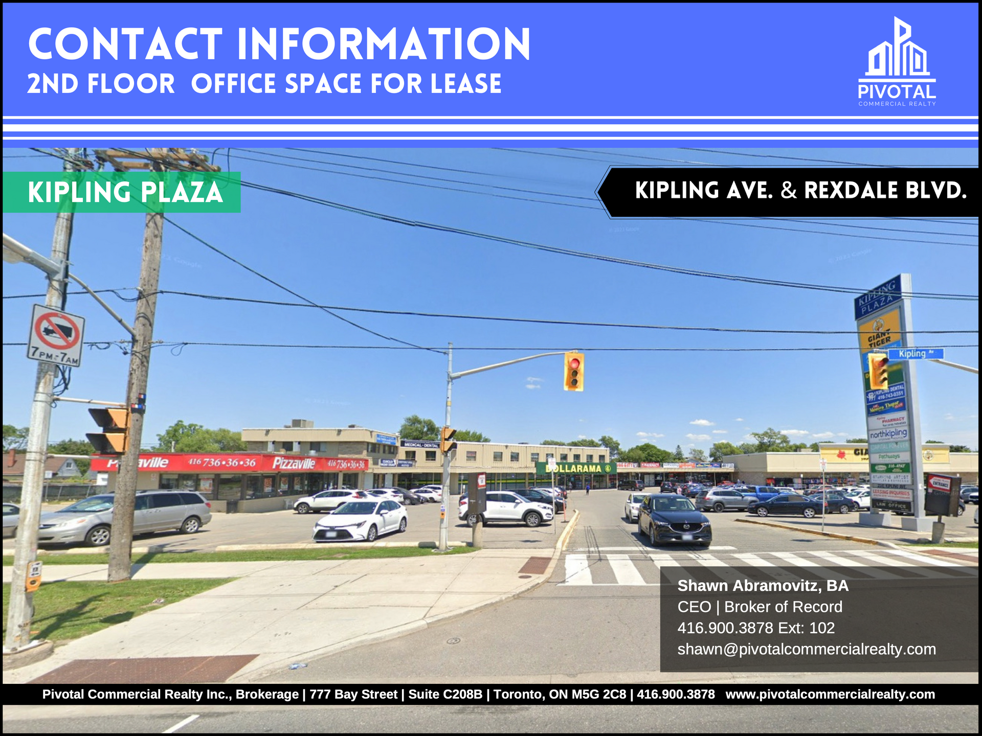 A real estate flyer for 2nd floor office space at Kipling Plaza, located at the intersection of Kipling Ave and Rexdale Blvd.