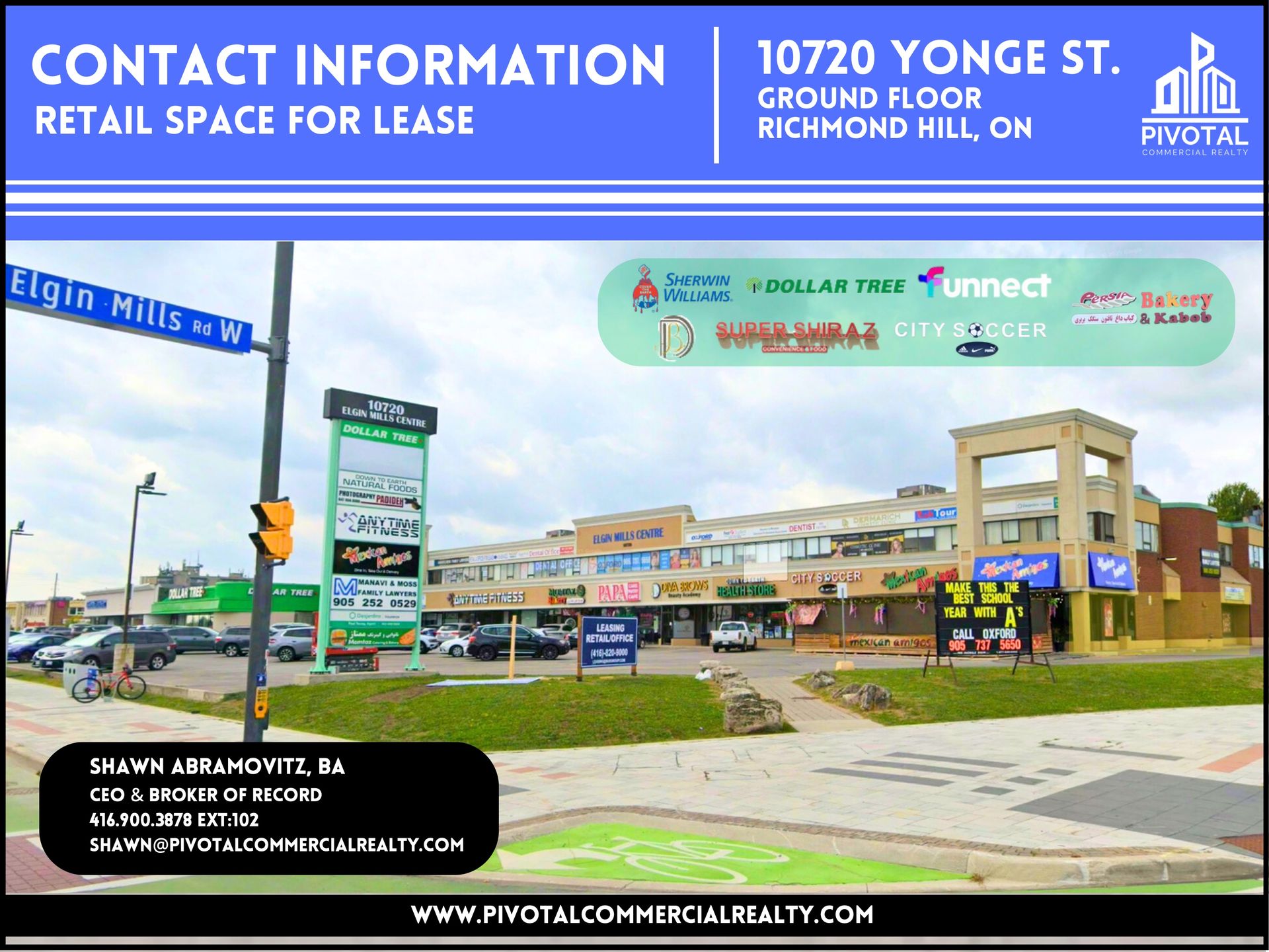 Commercial real estate listing for retail space at 10720 Yonge St, Richmond Hill, with agent contact details.