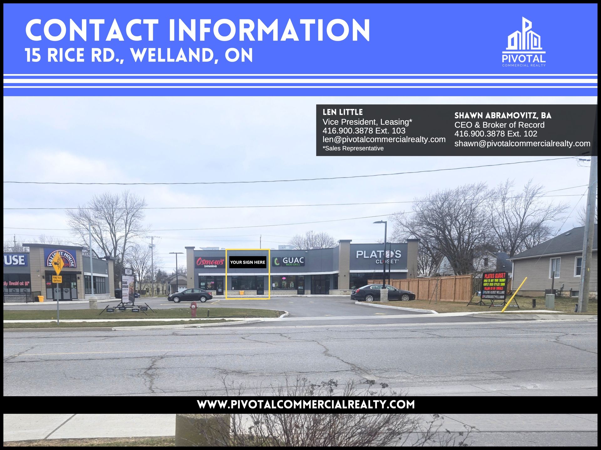 Commercial strip mall at 15 Rice Rd, Welland, ON with contact information overlay for Pivotal Commercial Realty.