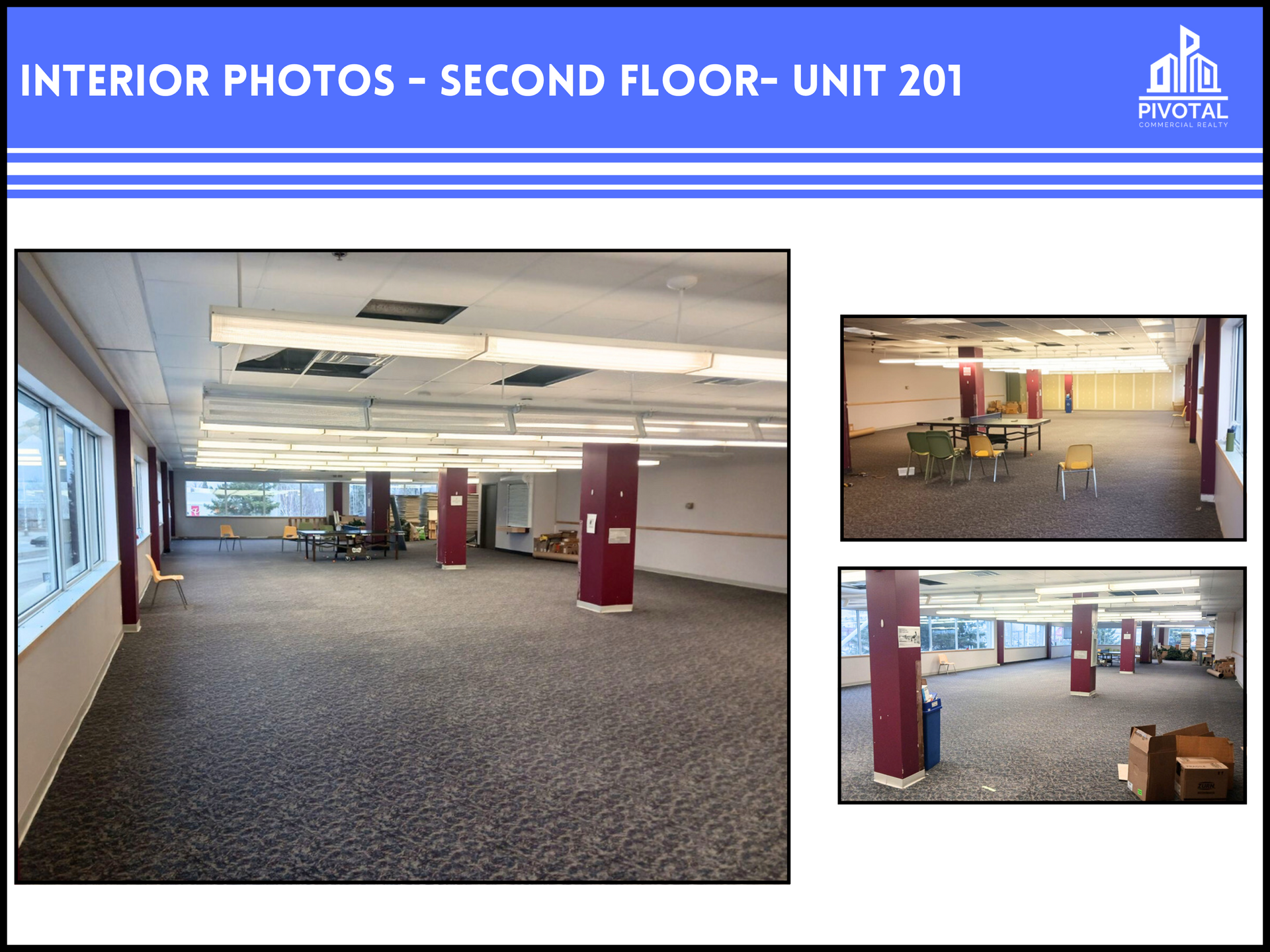 Three photos show a vacant, open-concept commercial office space with grey carpet, red columns, and ceiling light panels.