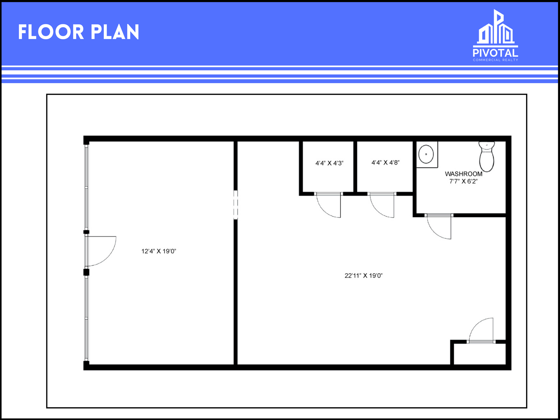 Floor plan with a large room, smaller room, two closets, and a restroom, labeled with measurements and room types.