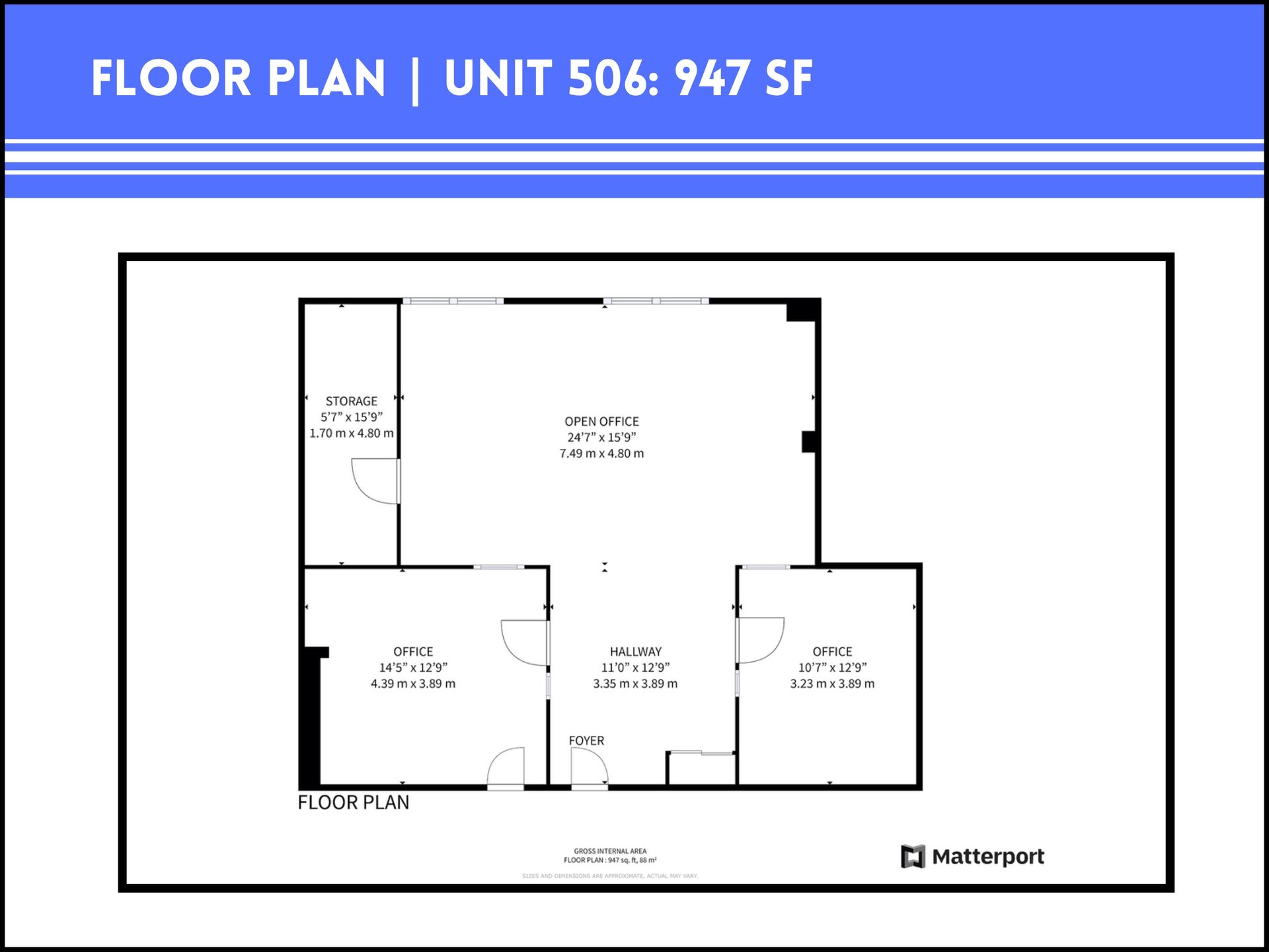 Floor plan for Unit 506, a 947-square-foot layout featuring a living area, two bedrooms, a kitchen, and a bathroom.