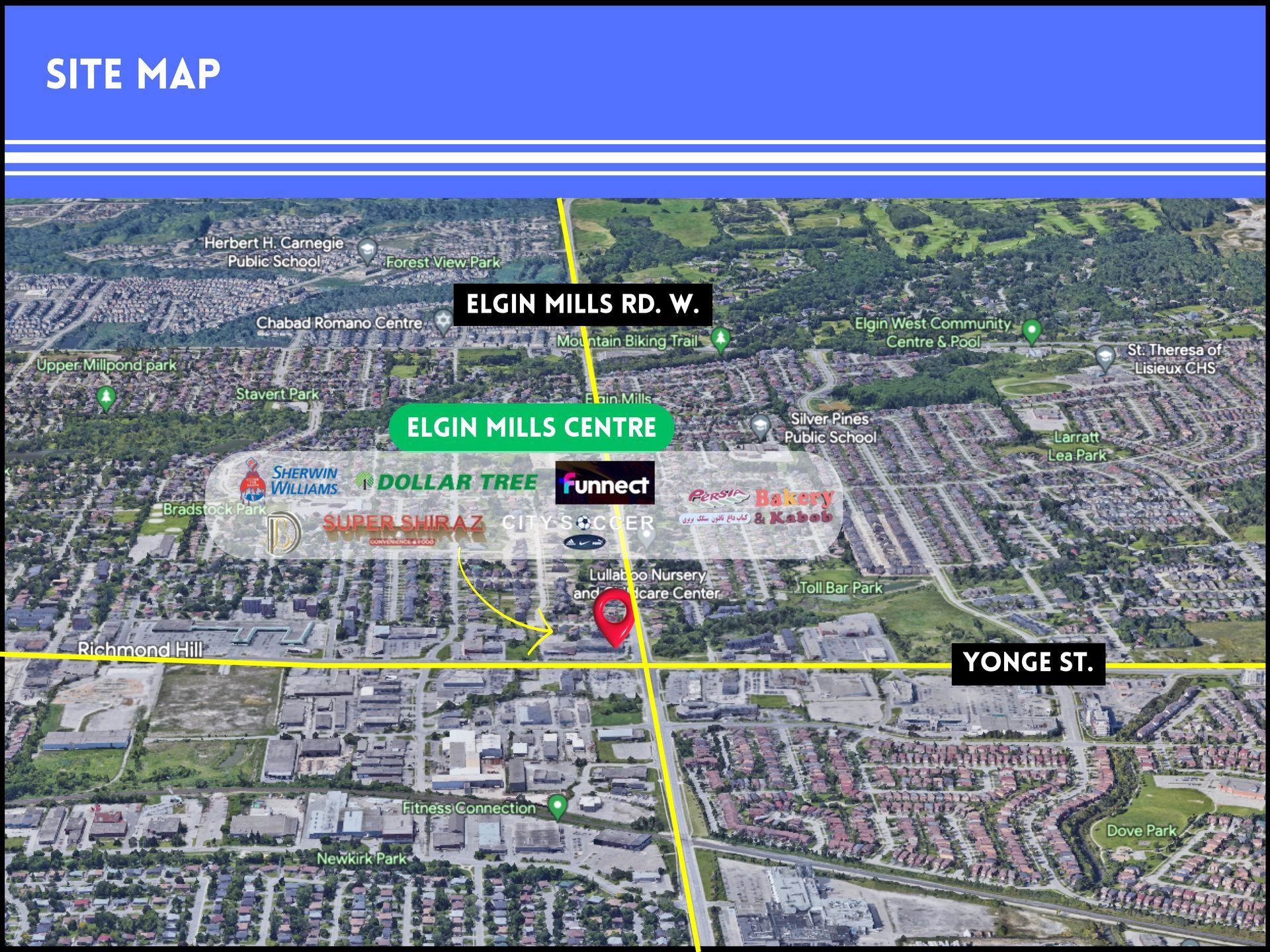 Aerial map of Elgin Mills Centre, showing the intersection of Elgin Mills Rd. W. and Yonge St. with surrounding stores.