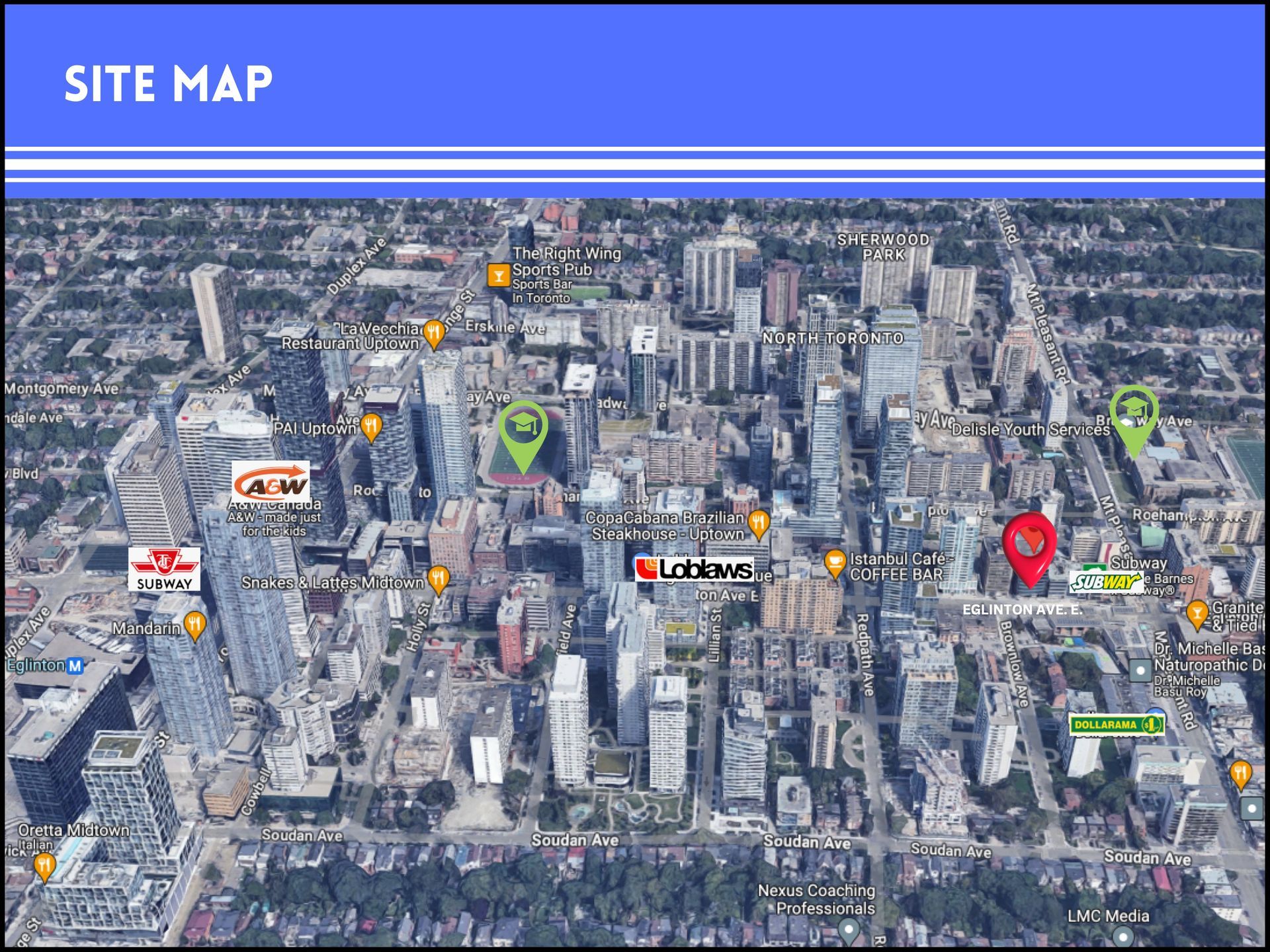 Aerial map of a city center showing various businesses and landmarks marked with colorful location pins.