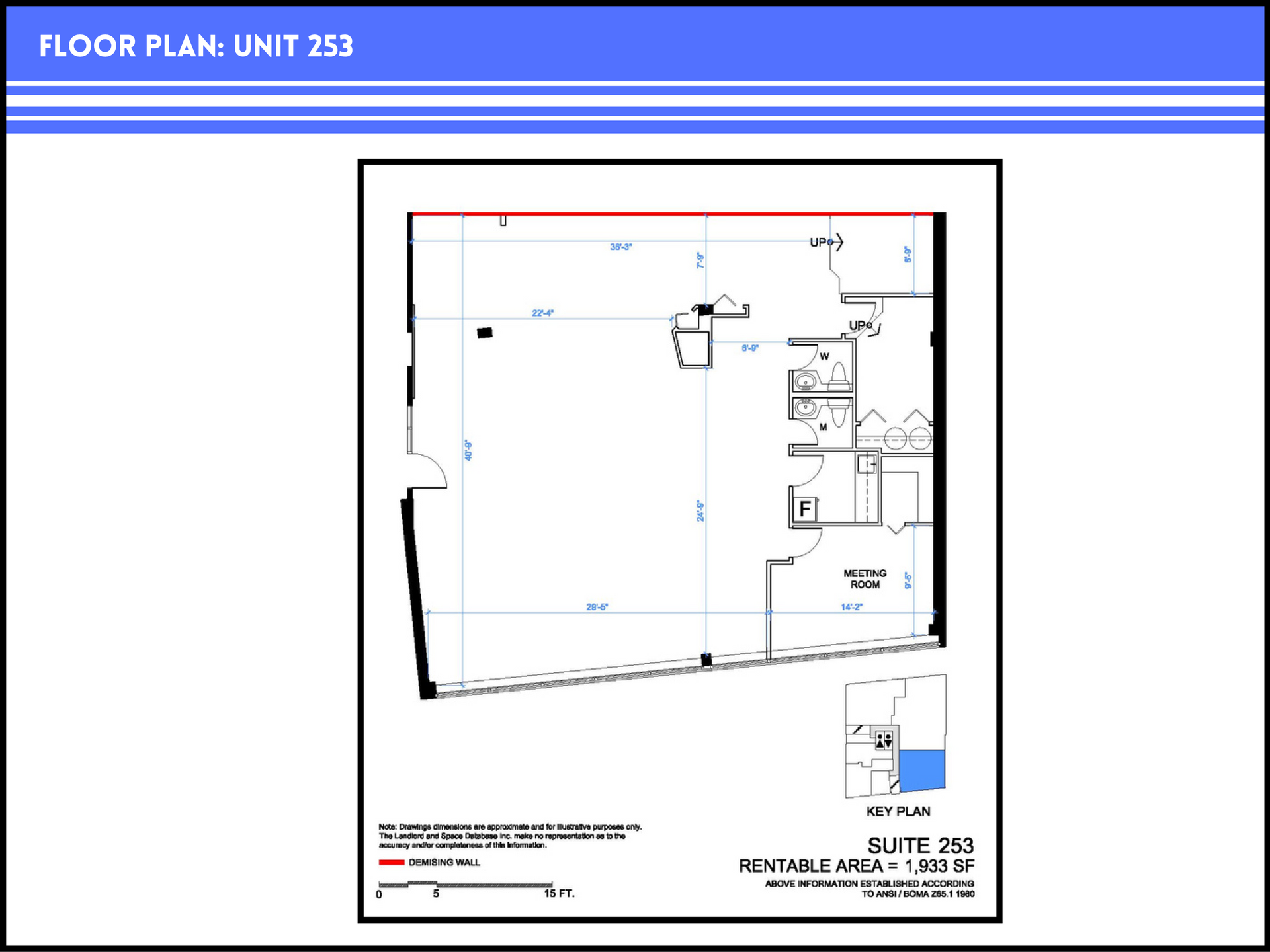 Floor plan for Unit 253, a 1,020 square foot commercial space featuring an open area and several smaller rooms.