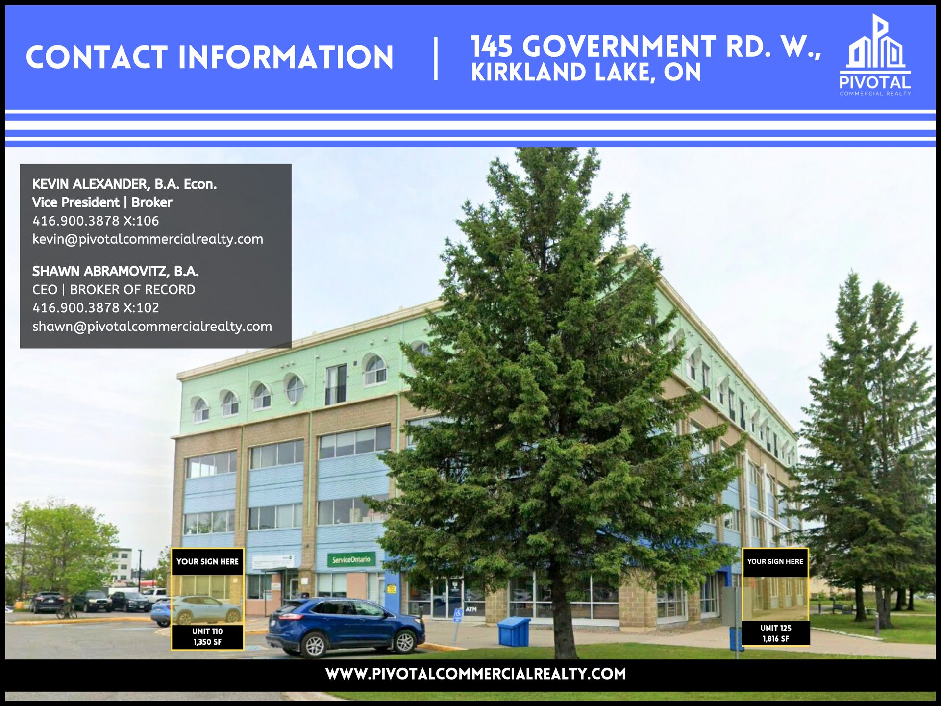 Commercial property listing for 145 Government Rd. W. in Kirkland Lake, ON, featuring contact info and building photo.