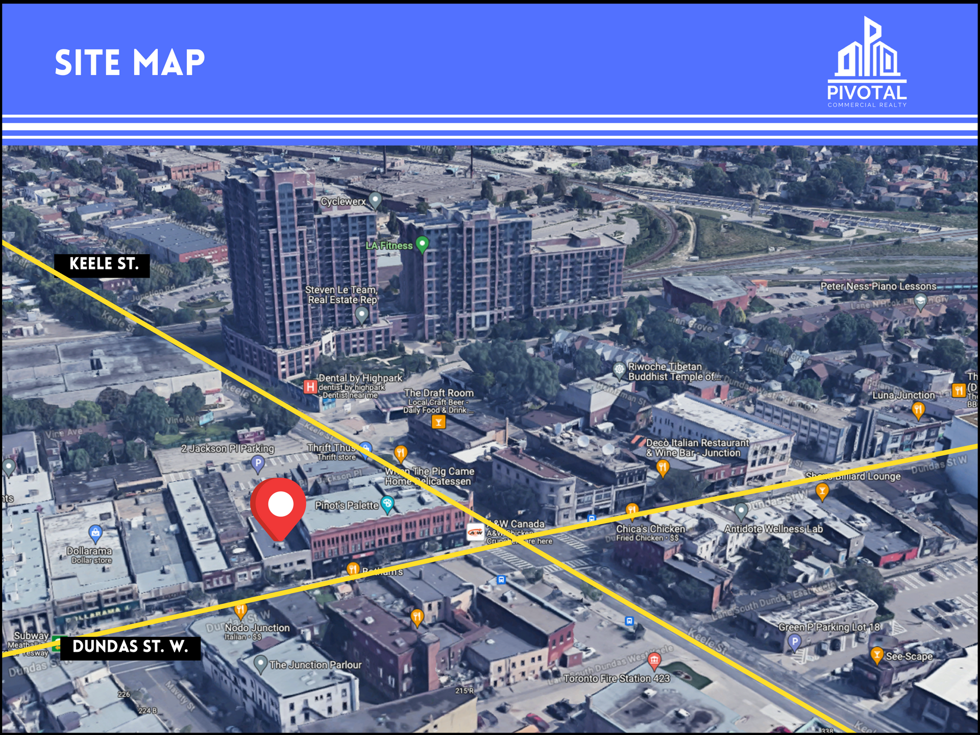 An aerial site map of an urban intersection labeled Keele St and Dundas St W, with a red pin marking a specific location.