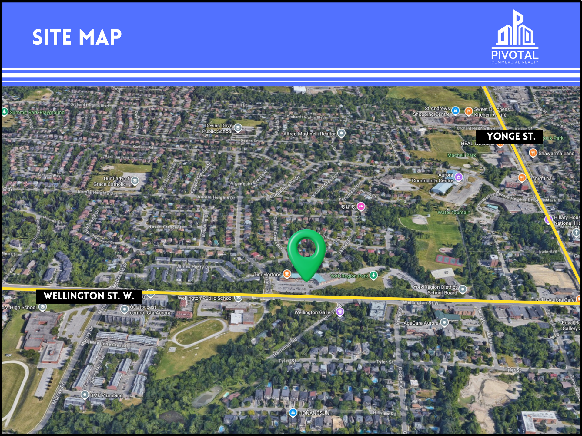 An aerial map view with a green location pin marking a site at Wellington Street West and Yonge Street.