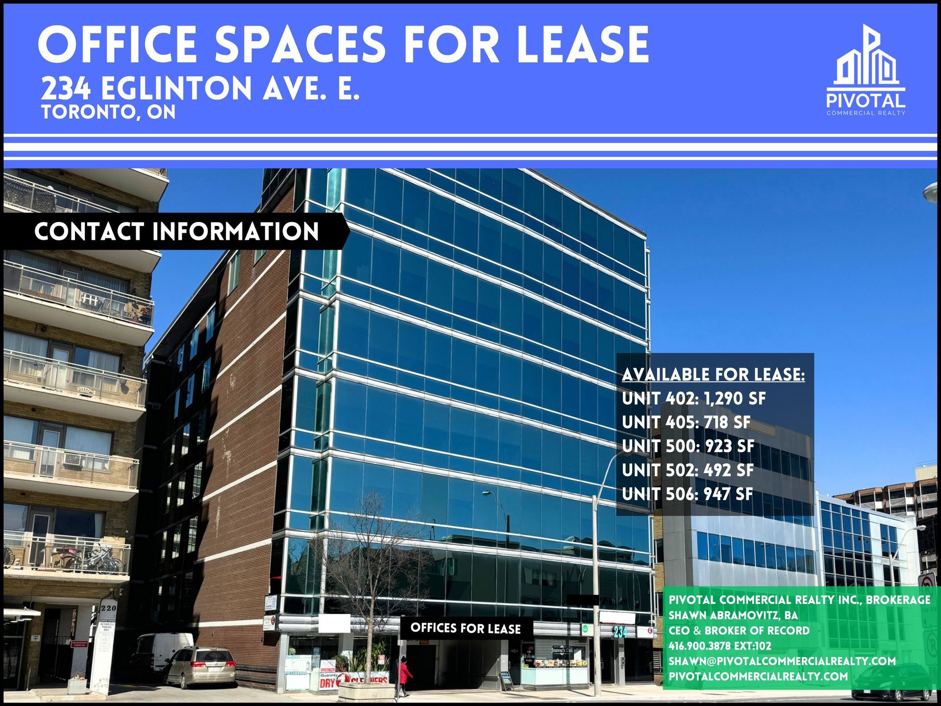 Office space for lease listing at 234 Eglinton Ave. E., Toronto, displaying building photo and unit availability details.