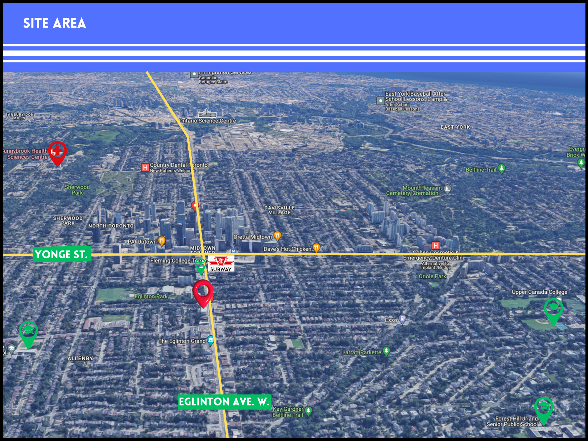 An aerial map view of the Yonge and Eglinton intersection in Toronto with markers highlighting the project site area.