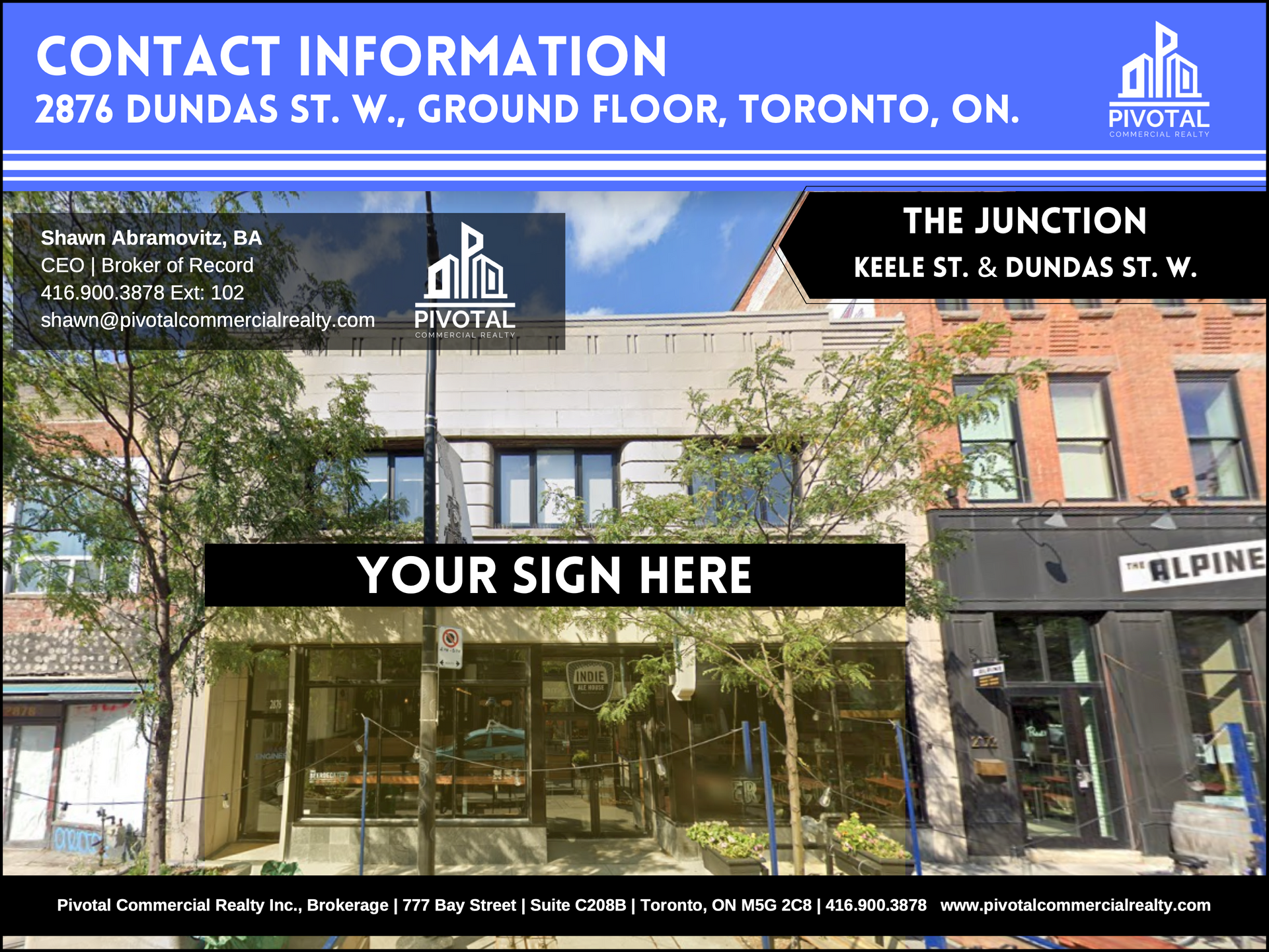 Commercial real estate listing for a ground floor retail space at 2876 Dundas St. W., Toronto in The Junction neighborhood.