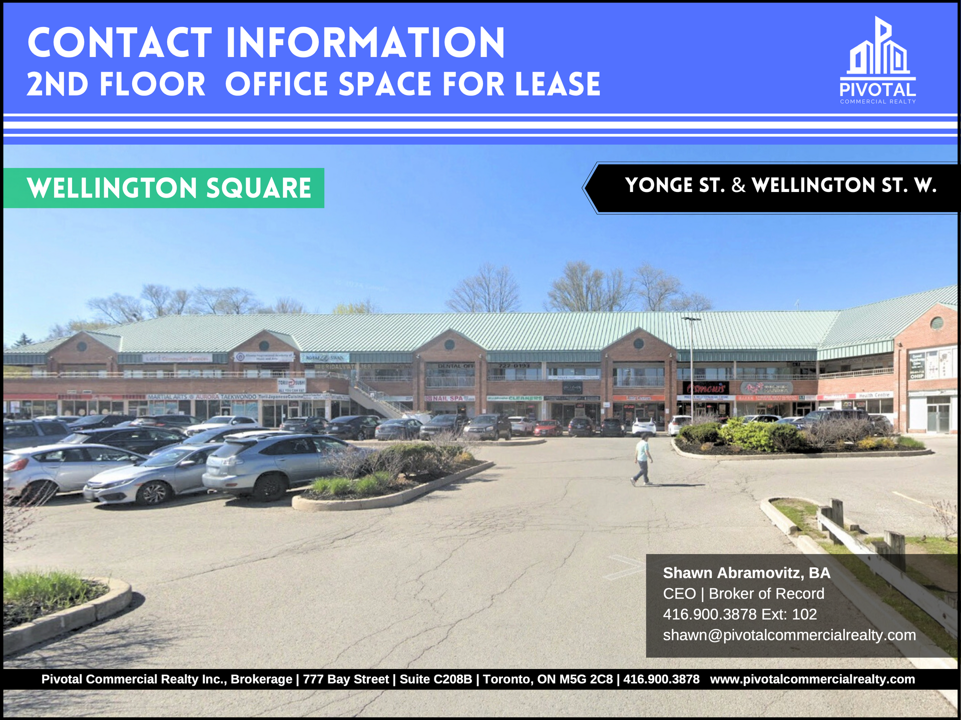 A commercial office building at Wellington Square with leasing contact information, set against a blue header and sky.