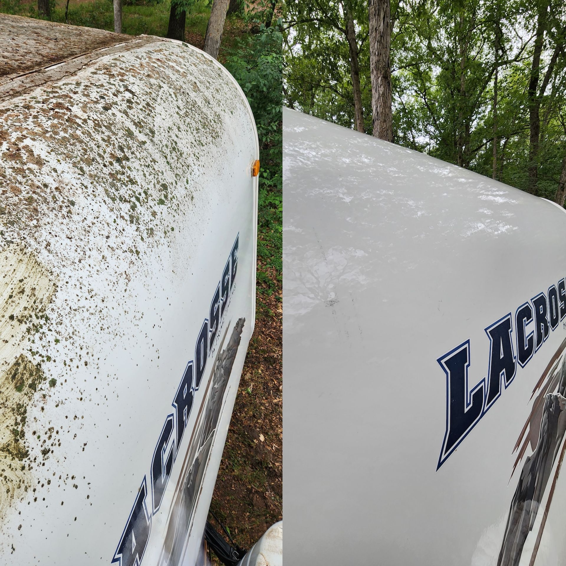 Before and after view of a white RV roof, showing significant cleaning improvement after removing debris and grime.