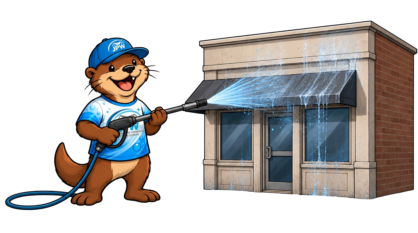 Cartoon pressure washer spraying water on a small brick storefront with blue awning