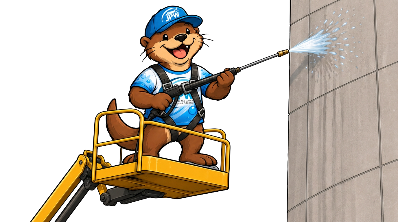 Worker in blue uniform pressure-washing a tiled wall from a yellow lift platform.