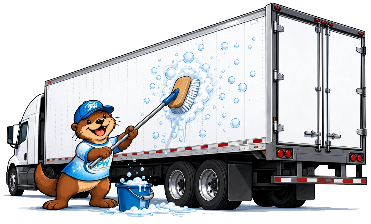 Cartoon worker washing a white box truck with soap bubbles and a brush.