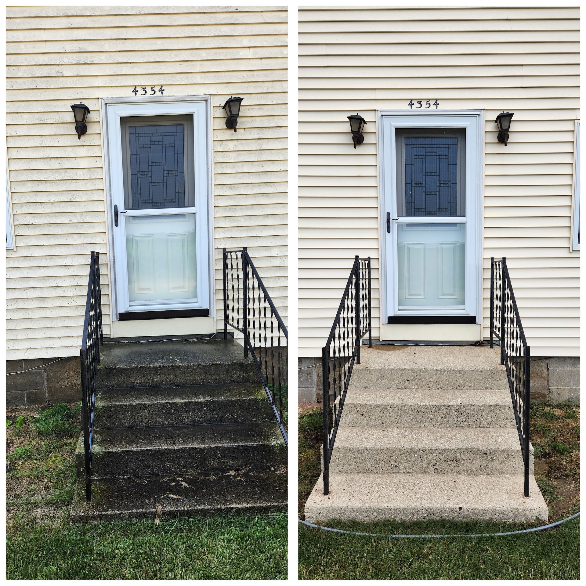 The after shows cleaned concrete stairs and a lighter-colored door.