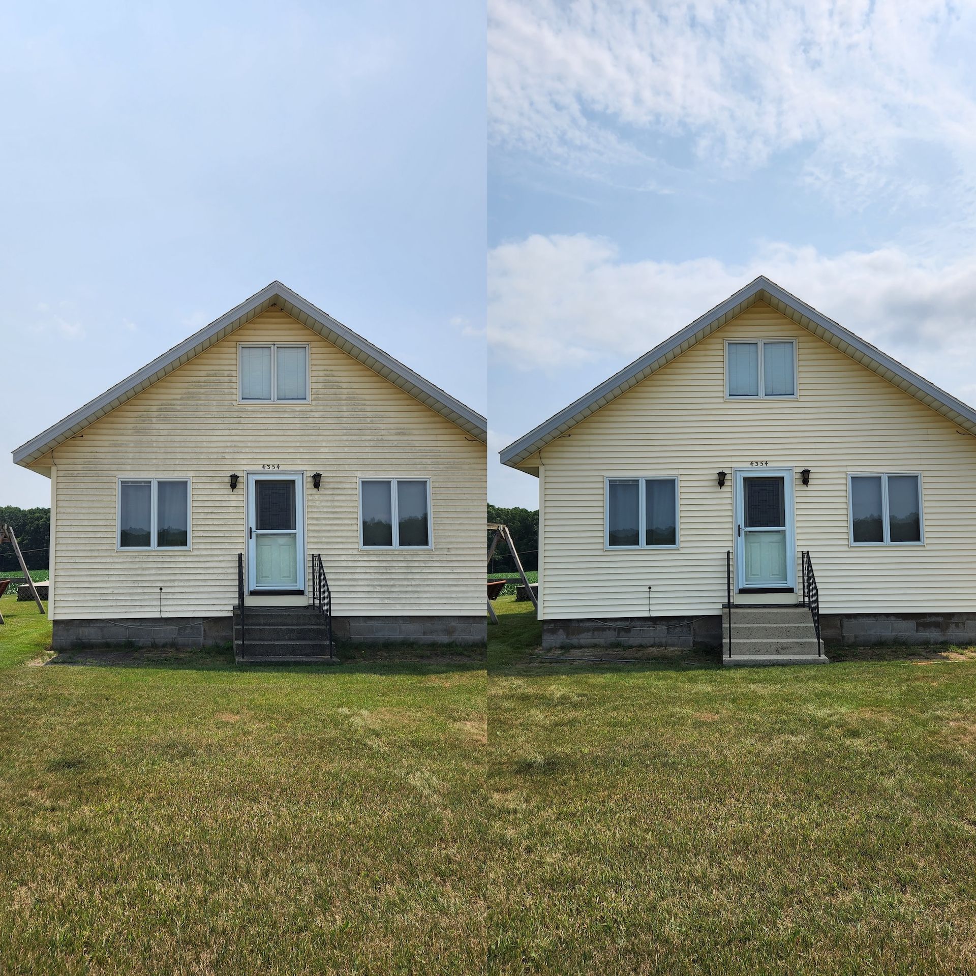 Comparison of a house with different sky backgrounds, beige siding, blue door.