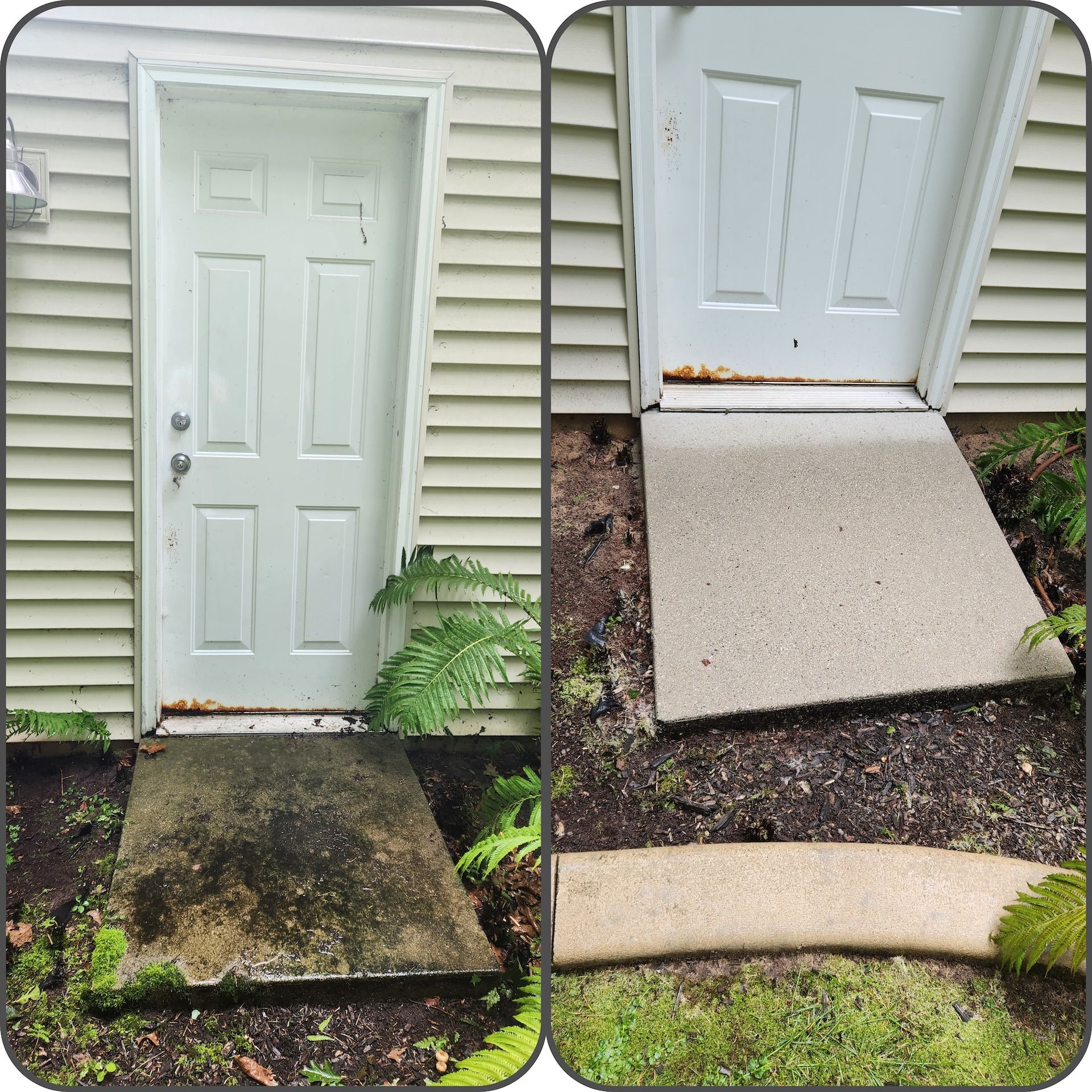 Two views of a white door with a concrete ramp. The ramp is dirty in one image and clean in the other.