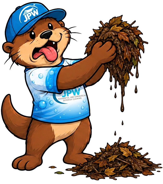 Cartoon beaver mascot in blue shirt and cap holding and dropping a pile of leaves or mulch.