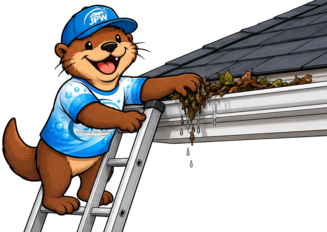 Cartoon beaver in a blue cap and shirt cleaning a gutter from a ladder