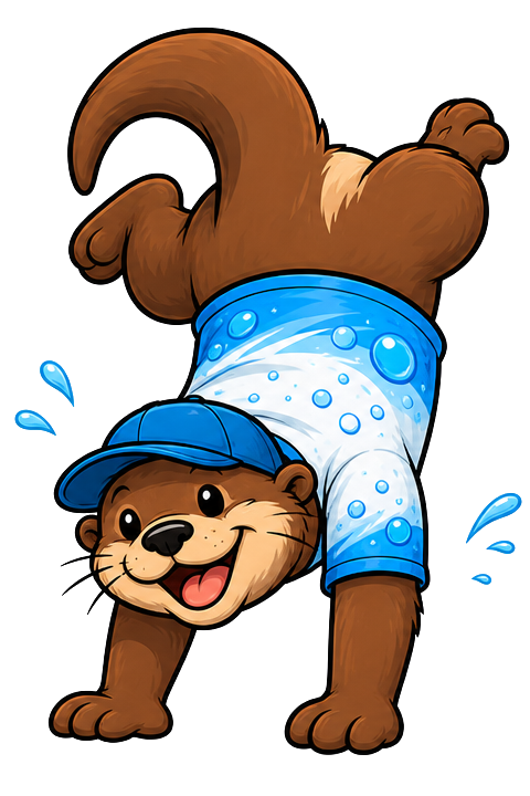 Playful brown otter in a blue cap and shirt doing a handstand, smiling with splashing water