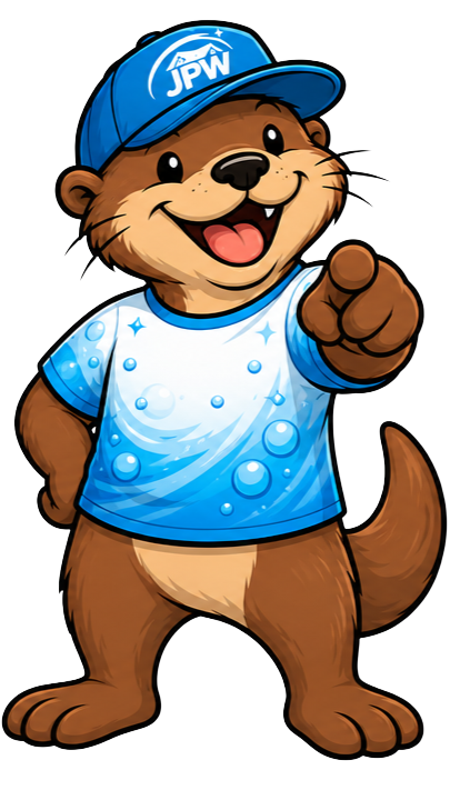 Smiling cartoon beaver in blue cap and shirt pointing forward