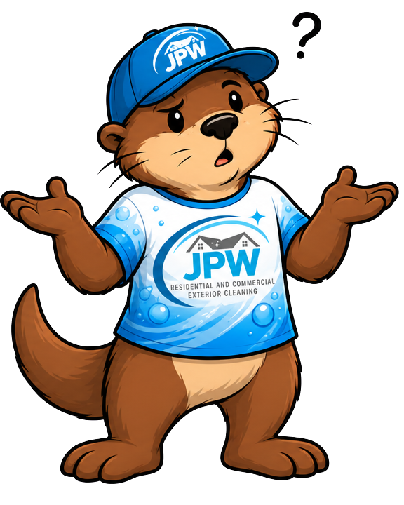 Cartoon beaver mascot in a blue JPW shirt and cap, shrugging with a question mark overhead.